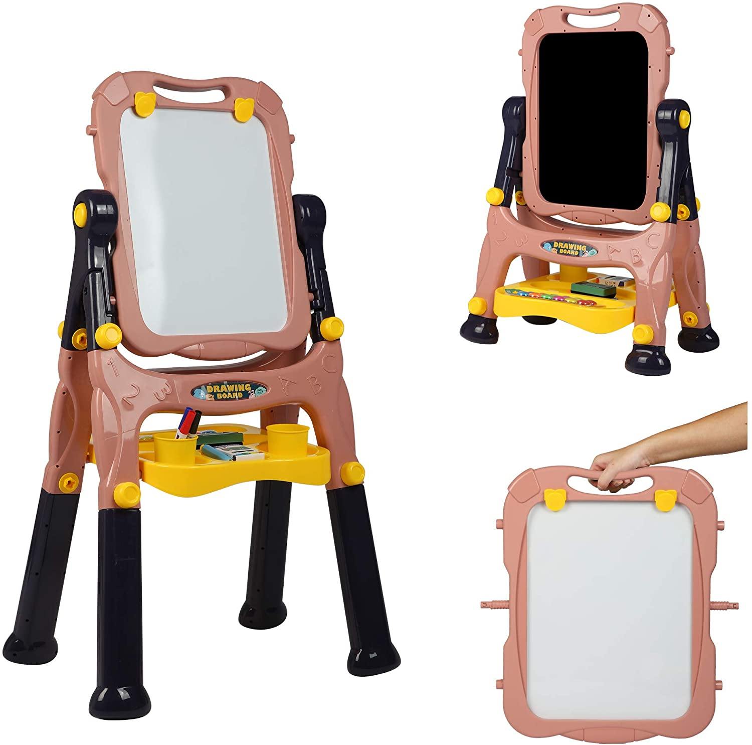Kids Art Easel for Boys & Girls -Double Sided Standing Art Drawing Board- with Two Height Adjustable- Chalkboard and Magnetic Dry Erase Board, Pink - Bosonshop