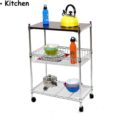 3-Tier Wire Rolling Cart Kitchen Shelf Organizer Rack with Chopping Board and Wheels Shelving Unit Storage Cart - Bosonshop