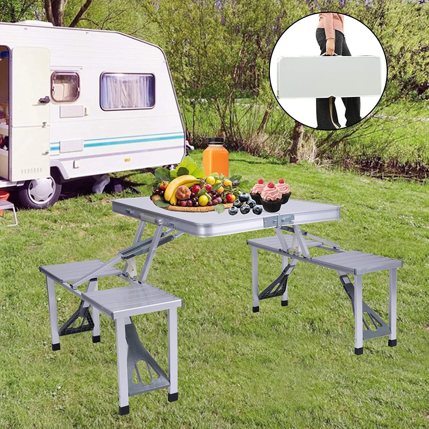 Picnic Table Portable Folding Camping Table Chair Set for Camping Hiking 4 Person Fold Up Travel Picnic Table with Seats Chairs and Umbrella Hole - Bosonshop