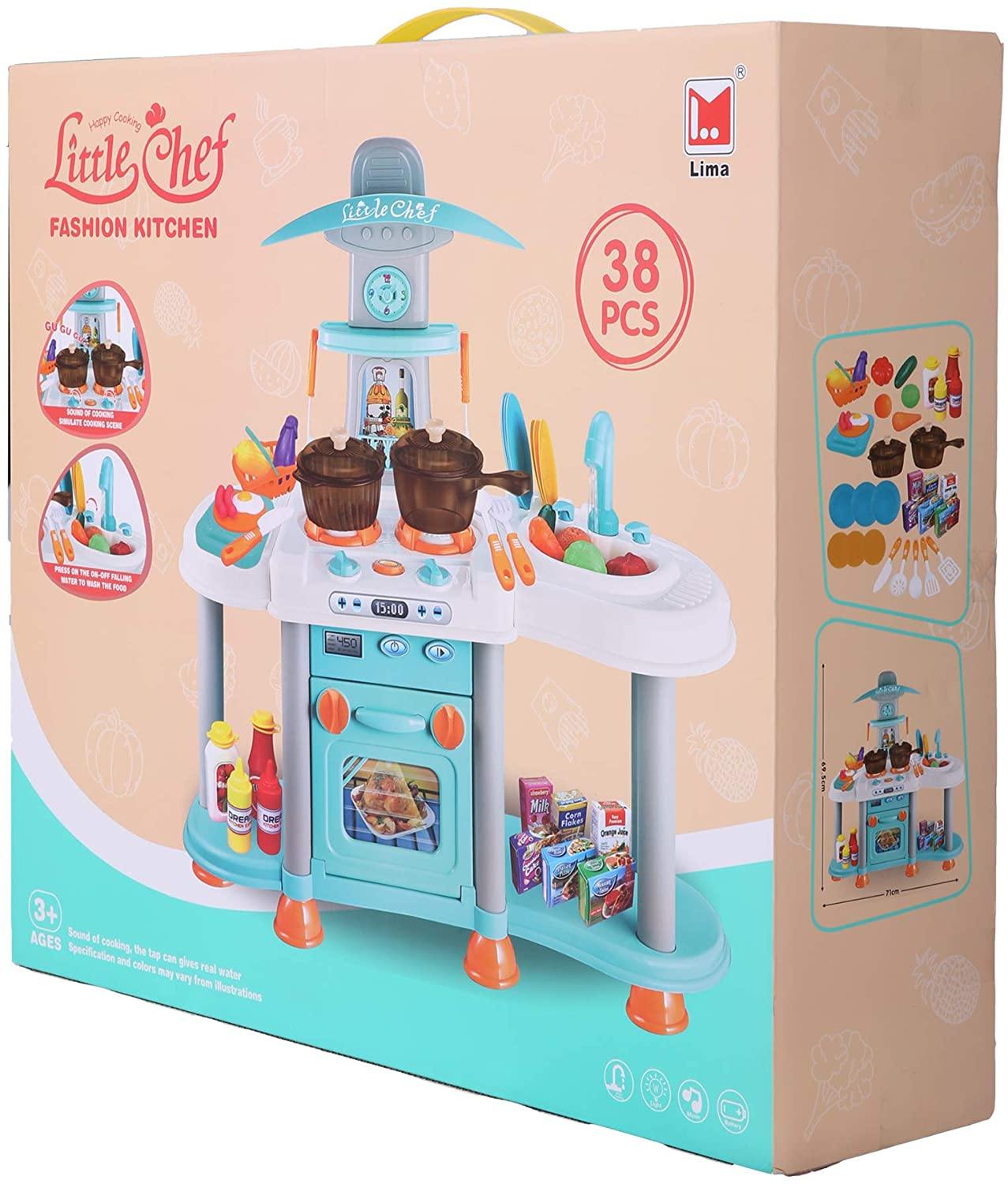 Kids Kitchen Playset with Lights & Sounds Play Kitchen Activity Set with 38 PCS Kitchen Accessories and Food Toys, Light Blue - Bosonshop