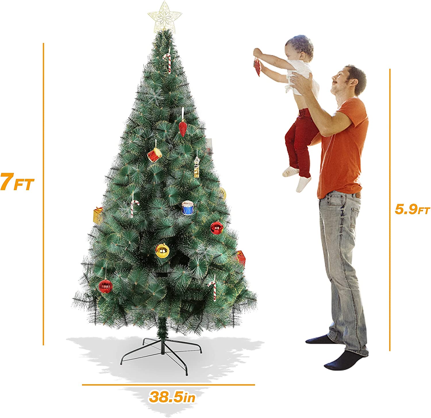 (Out of stock) 7' Classic Pine Needle Tree Encrypted Artificial Christmas Tree Natural Branch with Solid Metal Bracket, Coniferous with Golden Highlights