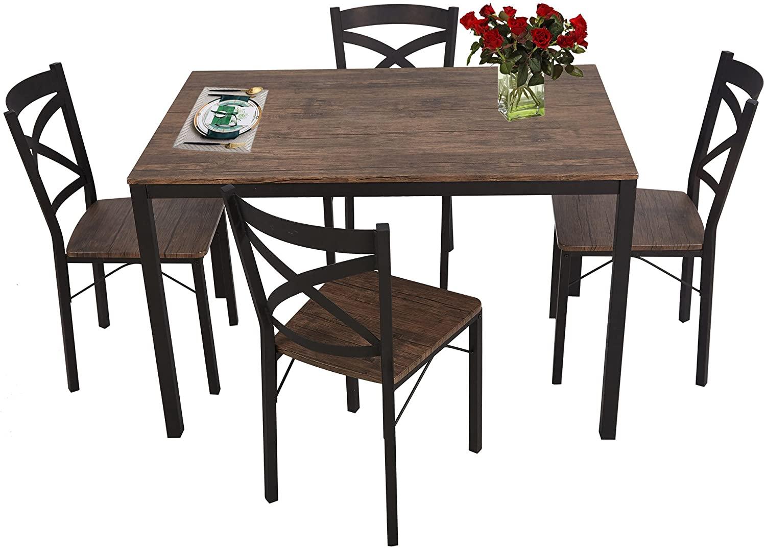 5 PC Wood Dining Set Table And Chairs 4 With Metal Legs, Home Kitchen Breakfast Furniture - Bosonshop