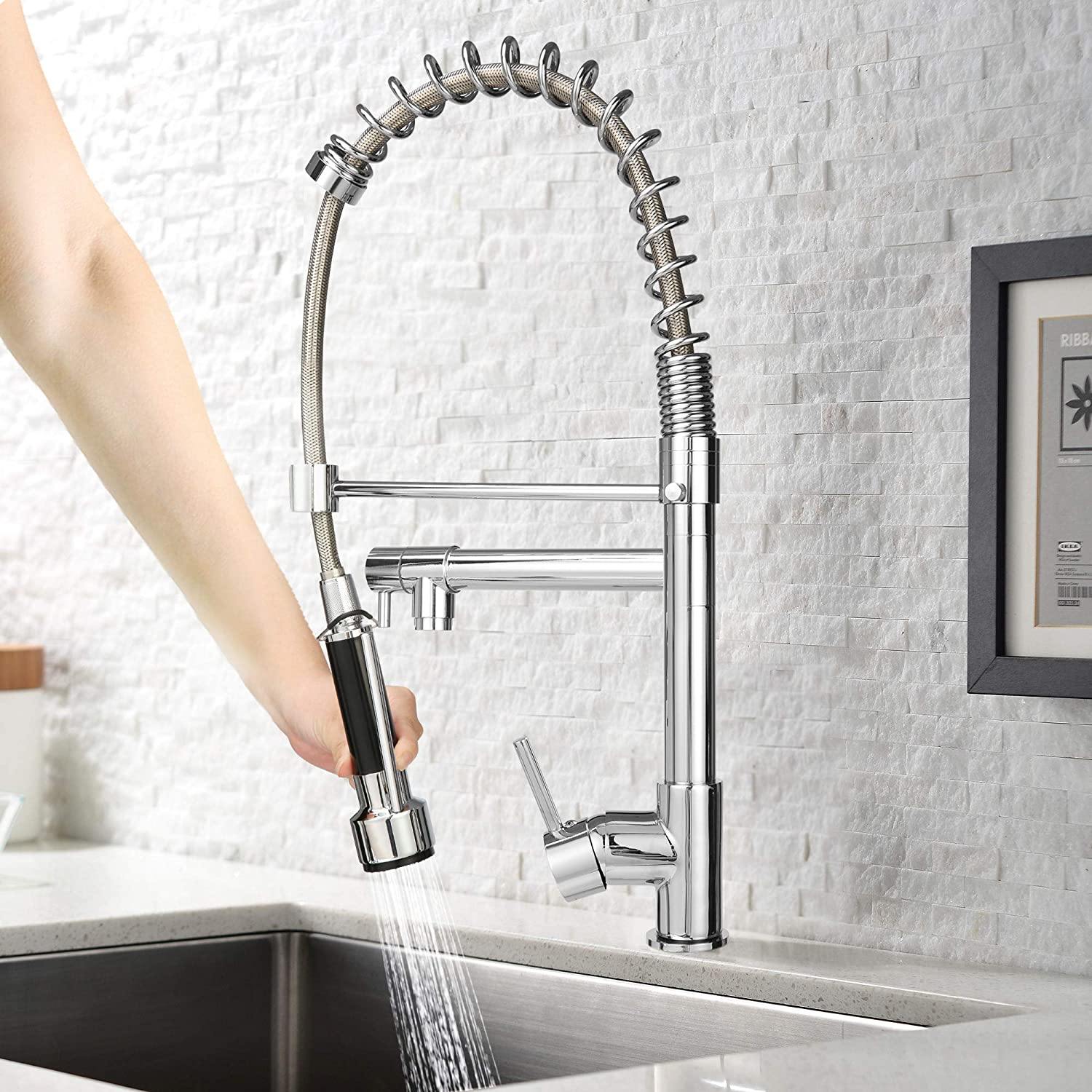 Single-Handle Pull-Down Sprayer Kitchen Faucet, High Arc Stainless Steel, 360 Swivel Single Handle Single Hole Spring Sink Faucet, Chrome - Bosonshop