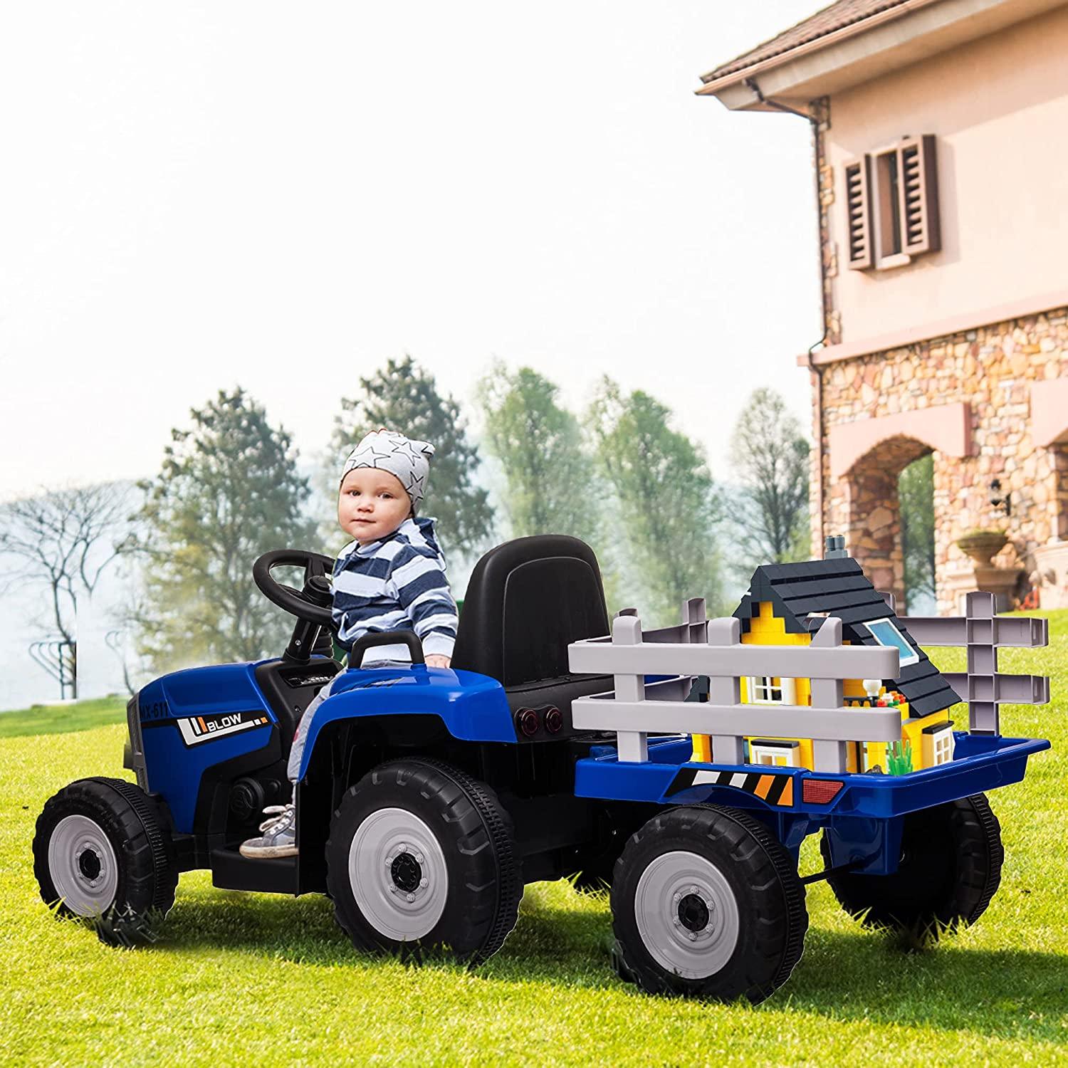 Kids Ride On Tractor - 12V Battery Powered Electric Motorized Vehicles Car with Trailer, Remote Control, Music, Light, USB, Bluetooth - Blue - Bosonshop