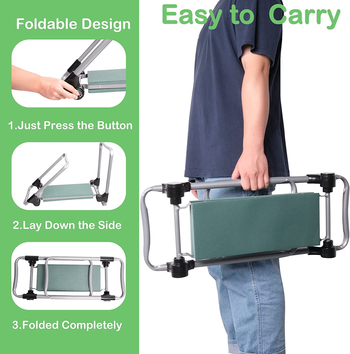 Garden Kneeler Seat Button Folding Gardening Stool with 2 Tool Pouches and EVA Foam Pad