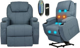 Single Recliner Chair with Massage & Heating Ergonomic Lounge Massage Sofa Power Lift with 2 Cup Holder Home Theater Seat, Fabric, Blue - Bosonshop