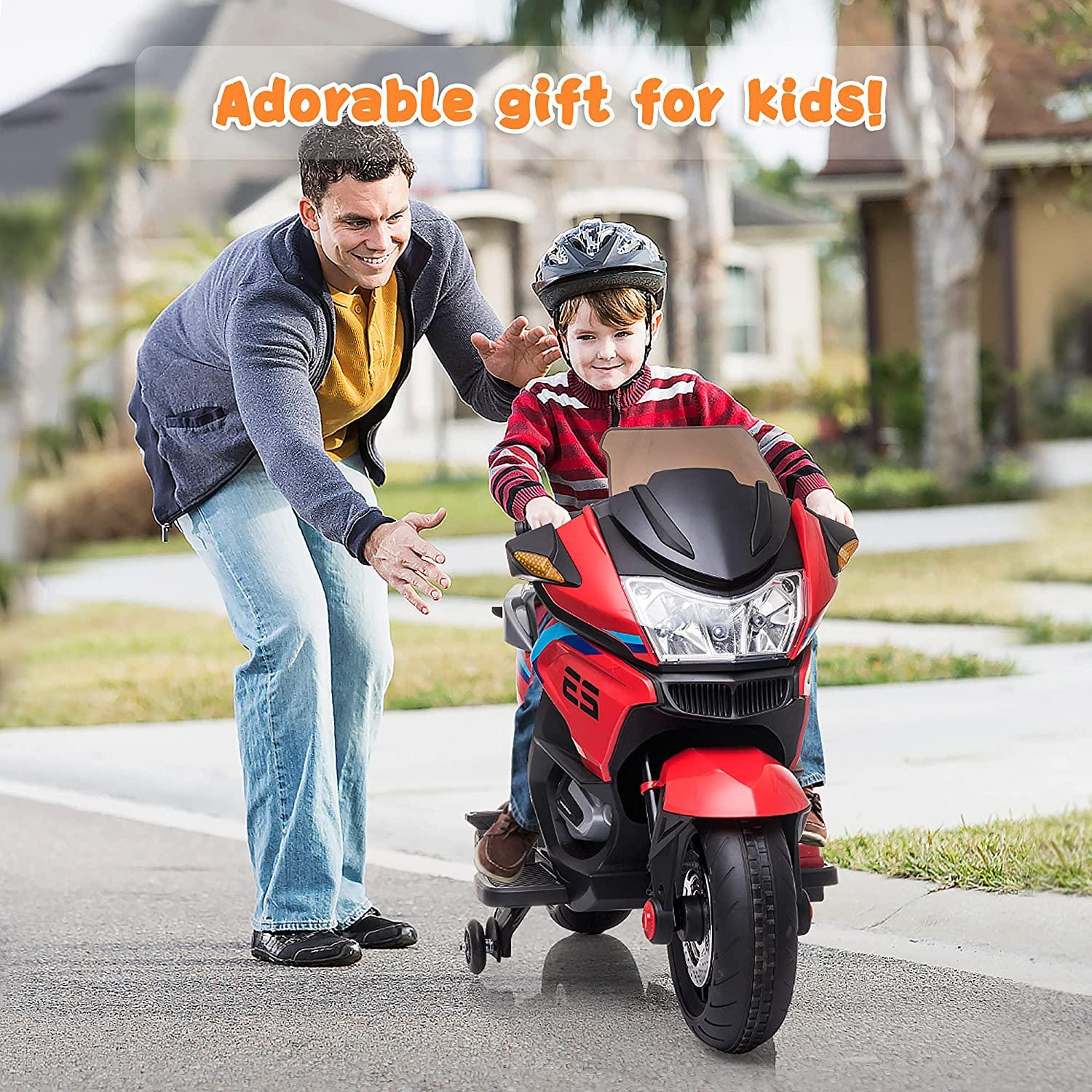 12V Electric Ride-On  Motorcycle for Kids, with Training Wheels, LED Lights, Music, Red - Bosonshop