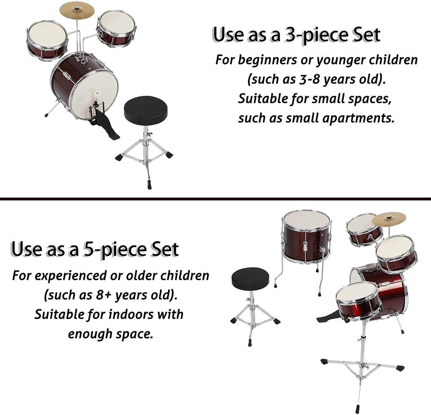 Kids Drum Set 5-Piece Junior Musical Instrument Beginner Kit with 14" Bass, Adjustable Throne, Cymbals, Pedals, Drumsticks - Bosonshop