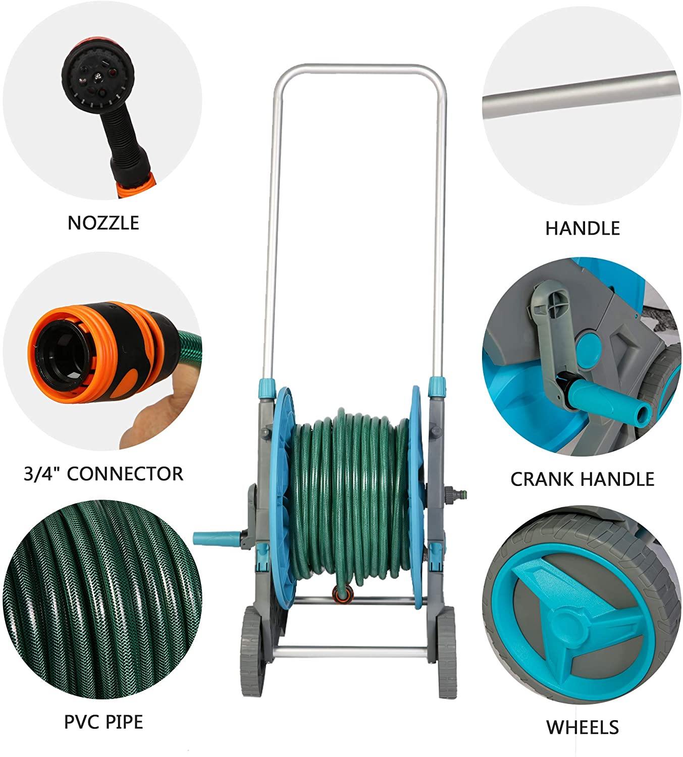 Garden Hose Reel Cart with Wheels, Water Hose Reel Mobile Cart with 8 Patterns Hose Nozzle 3/4" Connector, for Garden Watering, Car Washing - Bosonshop