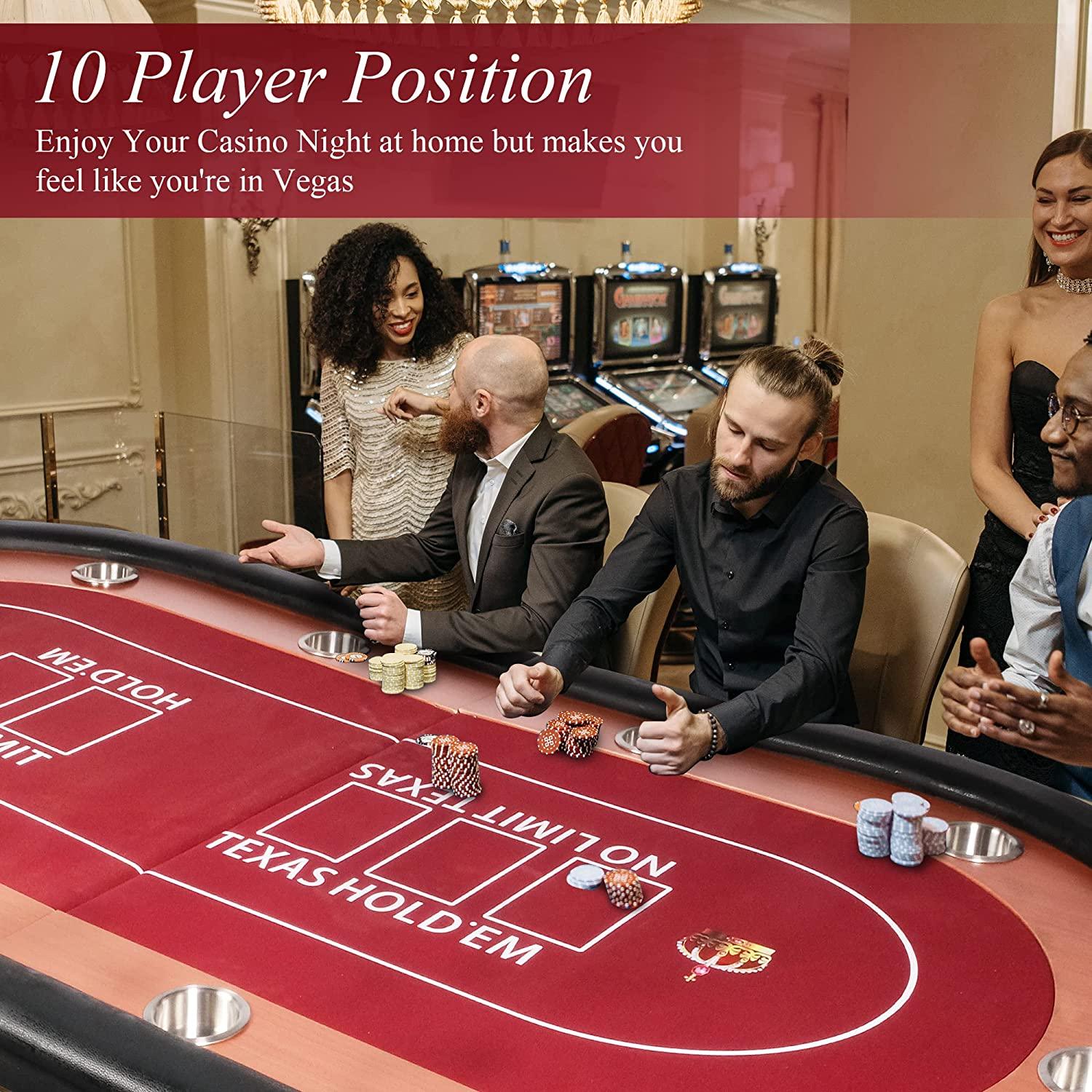 Poker Table Foldable Large 10 Players Casino Table Texas Holdem  Red Felt Surface With 10 Stainless Steel Cup Holders & Padded Poker Table