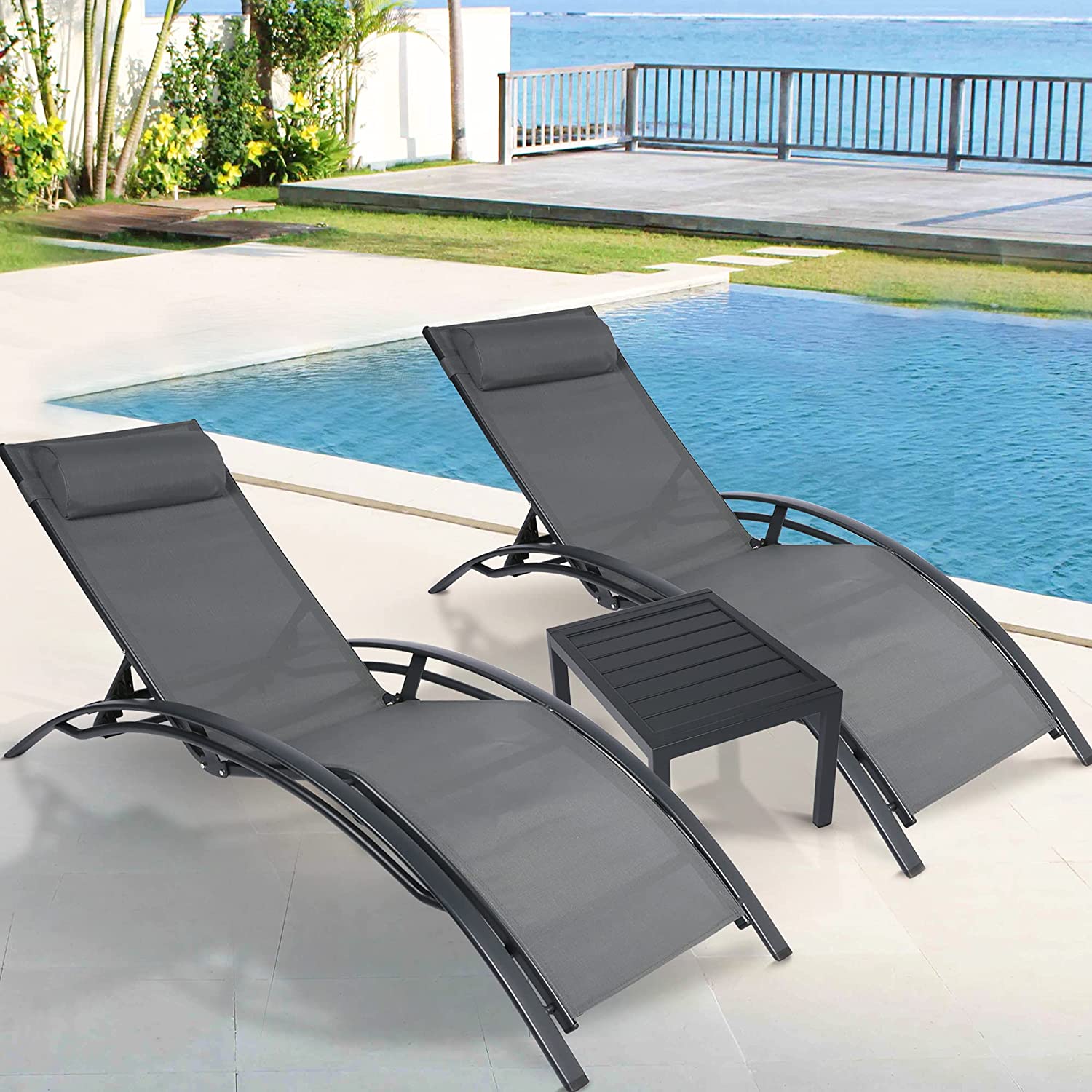 Set of 2 Chaise Lounge Chair w/Tea Table, Aluminum Patio Lounge Chair Reclining 4 Adjustable Back Position w/Removable Cushions