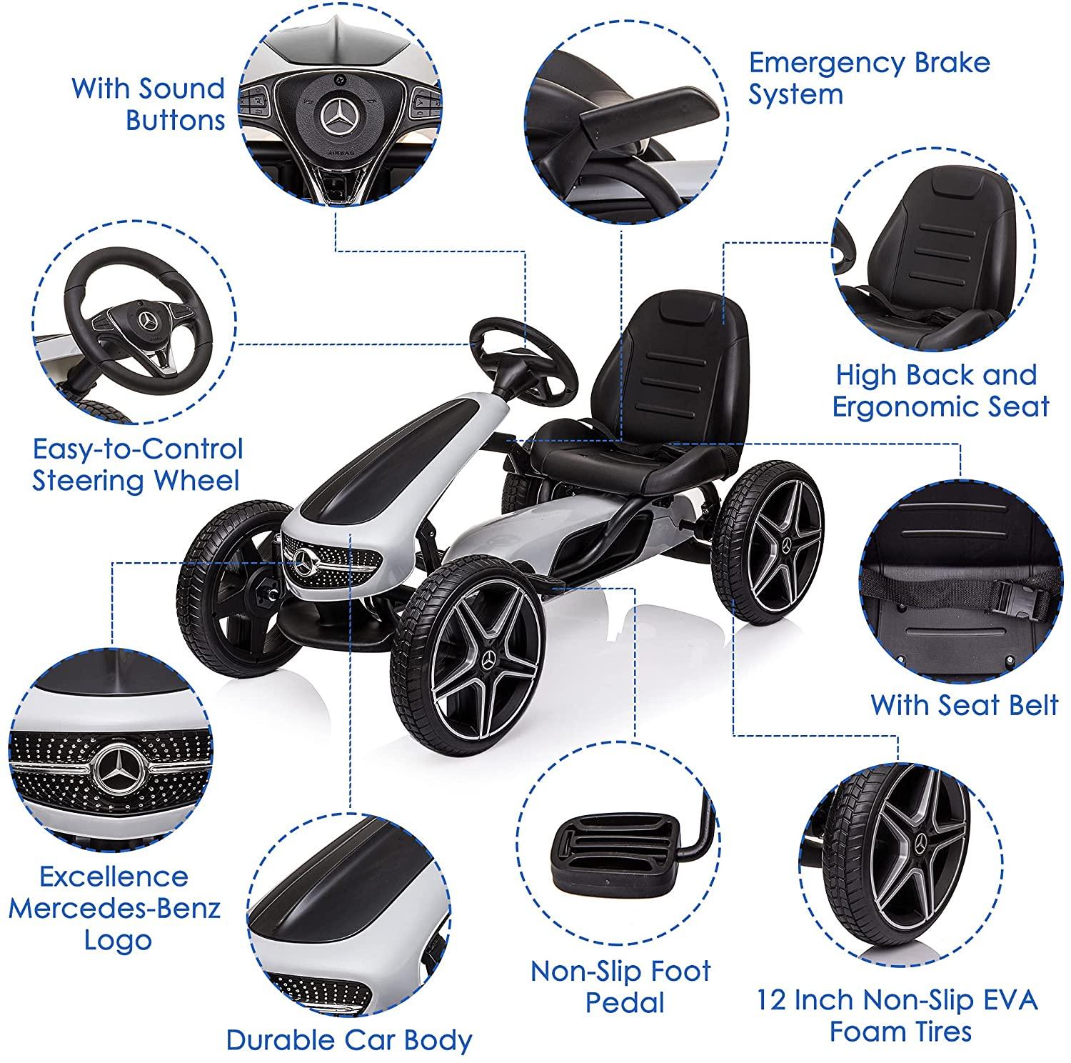 Mercedes Benz 4 Wheel Kids Pedal Powered Bike Go Kart,  Outdoor Play Toy Racer Car, White - Bosonshop
