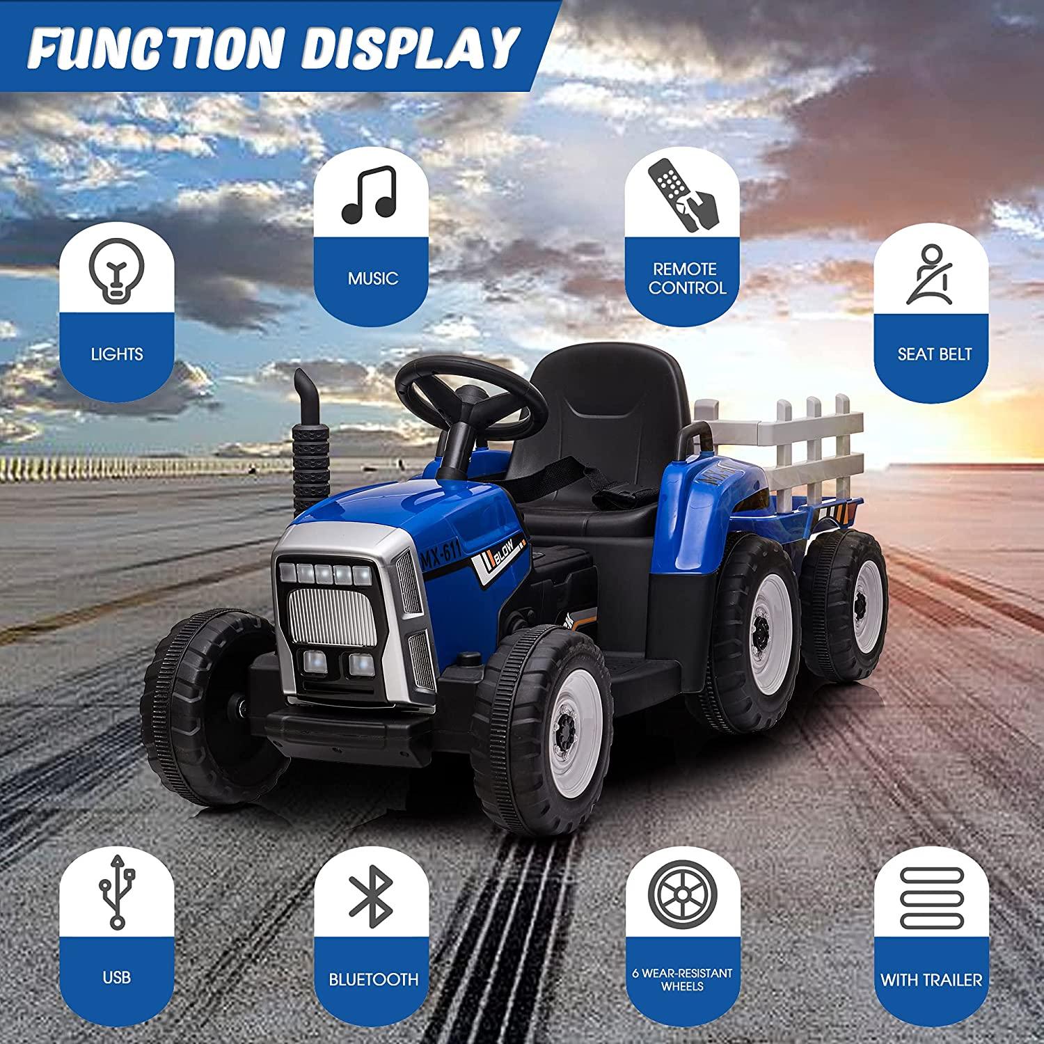 Kids Ride On Tractor - 12V Battery Powered Electric Motorized Vehicles Car with Trailer, Remote Control, Music, Light, USB, Bluetooth - Blue - Bosonshop