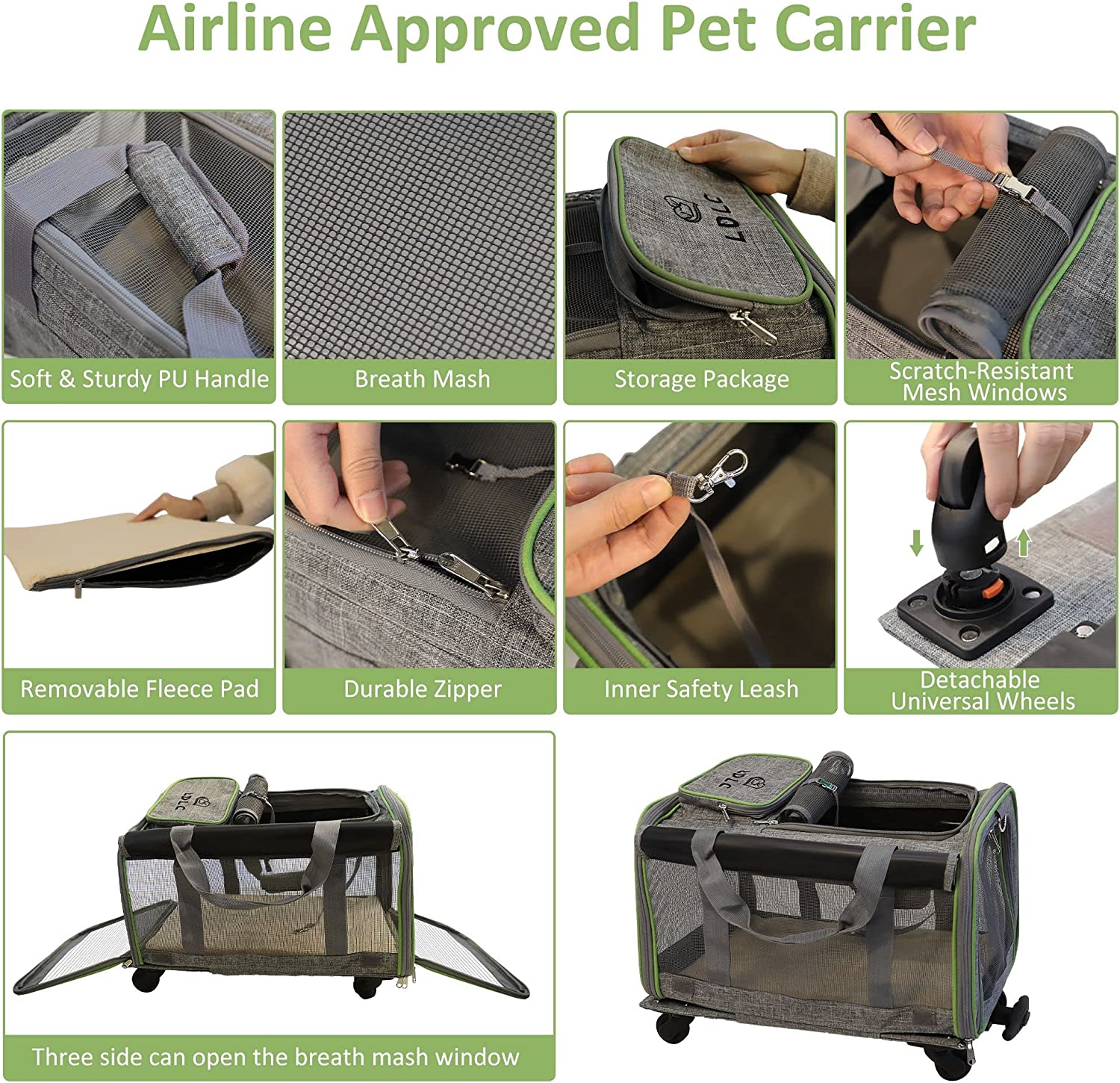 Cupets Travel Pet Carrier with Detachable Wheels, Airline Approved Cat & Dog Carrier