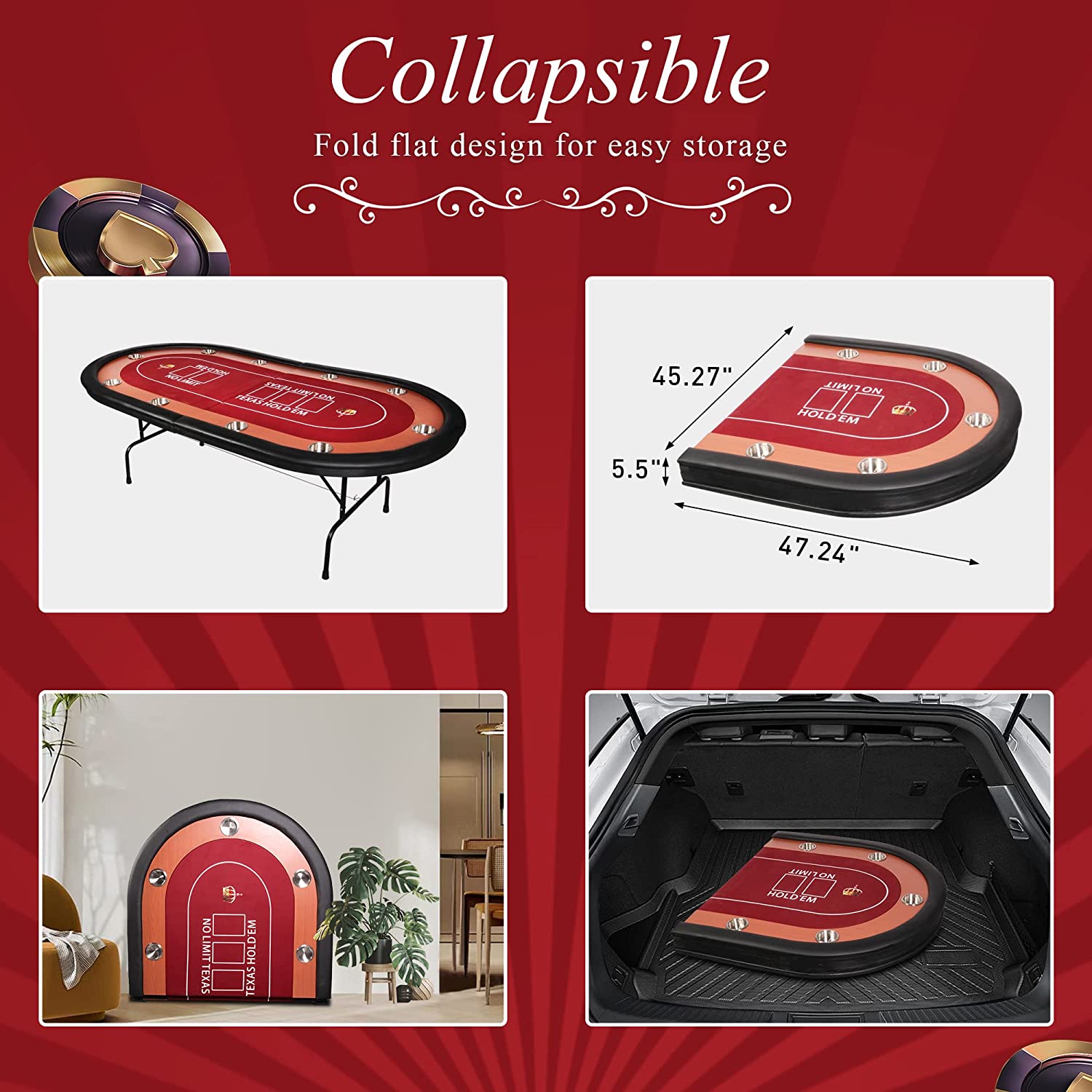 Poker Table Foldable Large 10 Players Casino Table Texas Holdem  Red Felt Surface With 10 Stainless Steel Cup Holders & Padded Poker Table