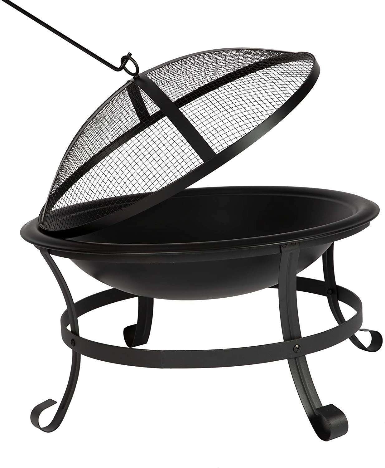 22'' Outdoor Wood Burning BBQ Grill Firepit Bowl w/Spark Round Mesh Spark Screen Cover Fire Poker Patio Steel Fire Pit Bonfire for Backyard Camping - Bosonshop