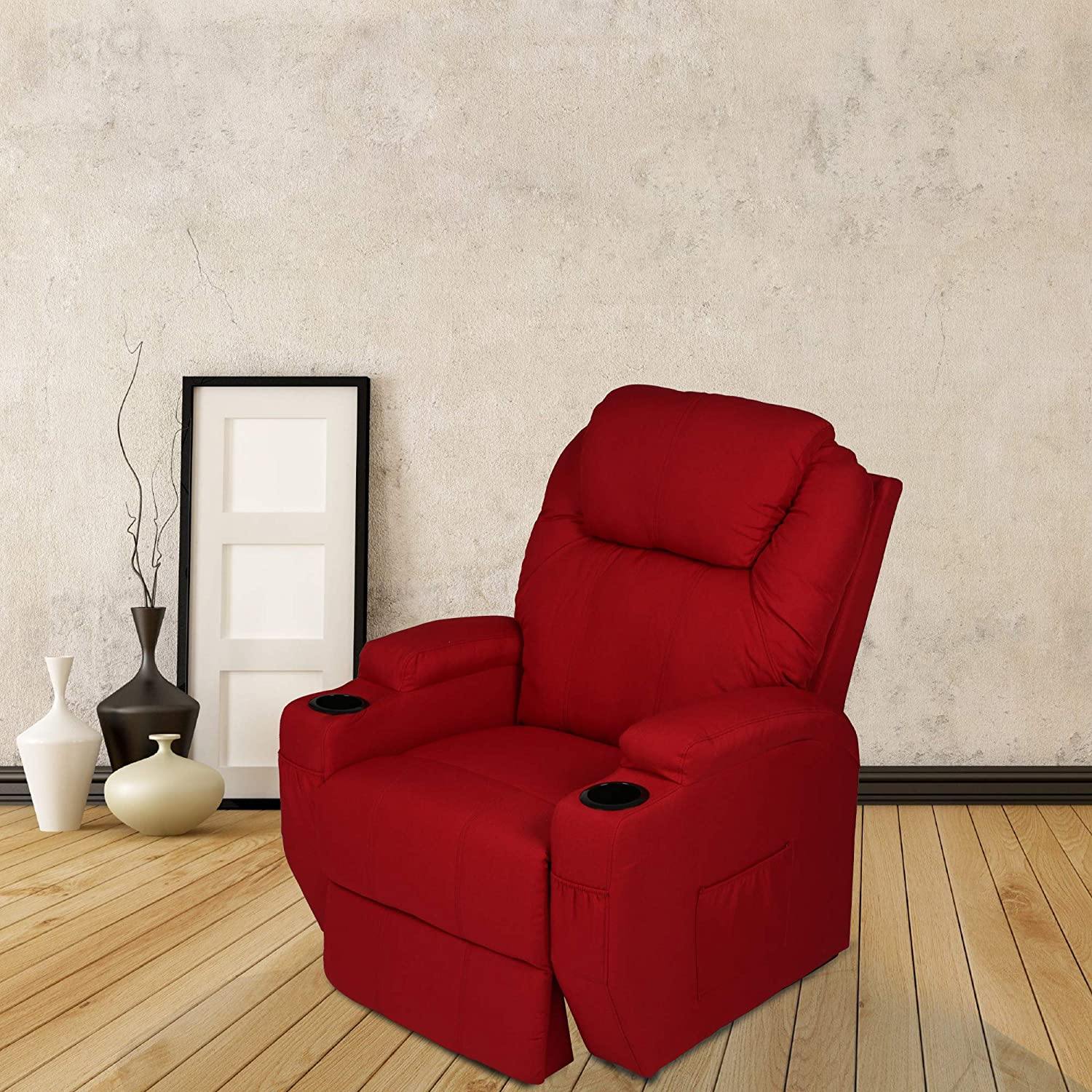 Single Recliner Chair with Massage & Heating Ergonomic Lounge Massage Sofa Power Lift with 2 Cup Holder Home Theater Seat, Fabric, Red - Bosonshop