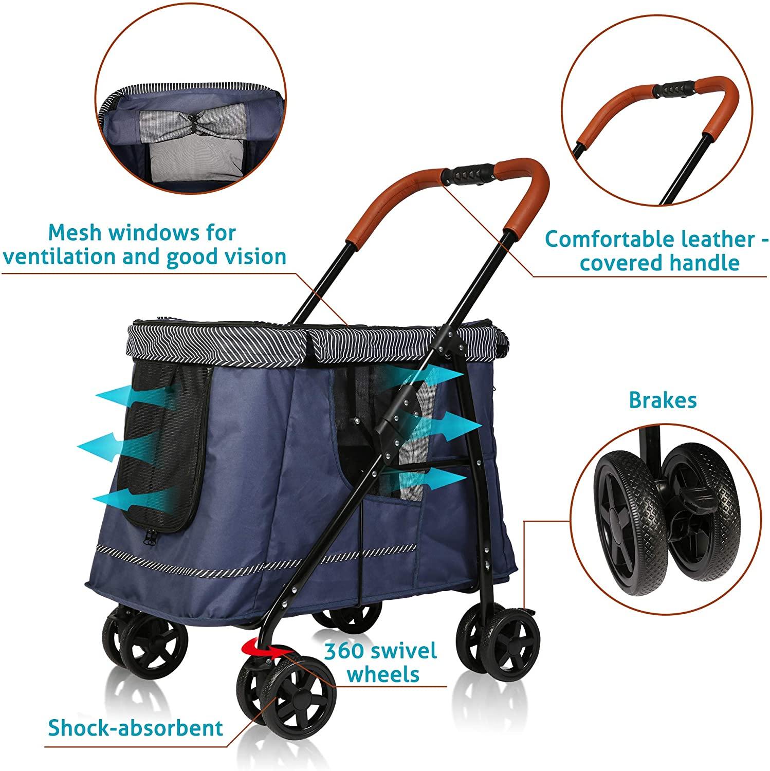 Foldable Large Dog Stroller 4 Wheels Pet Trolley Carrier with Adjustable  Handle