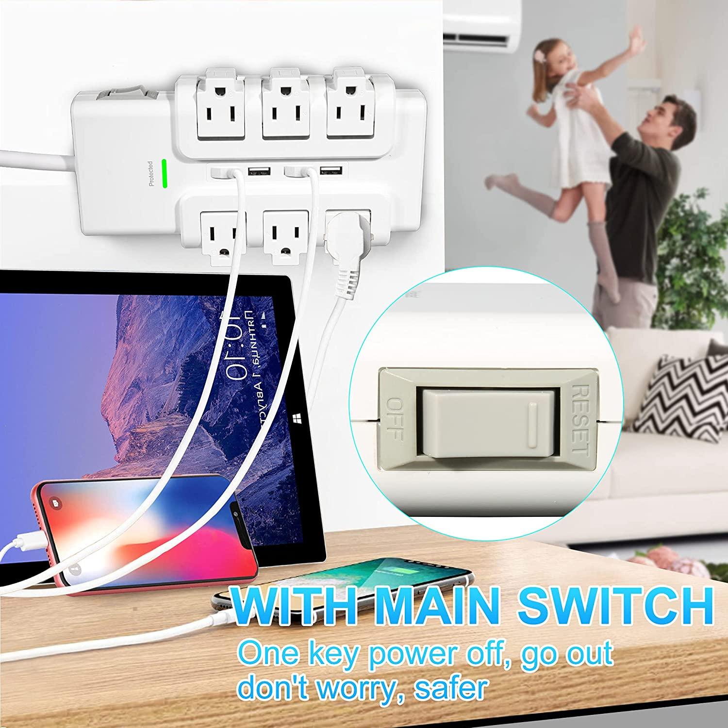 6 Outlets Extender Rotating Power Strip Surge Protector with 4 USB Ports and 6ft Heavy Duty Extension Cord Wall Mount for Home Office - Bosonshop