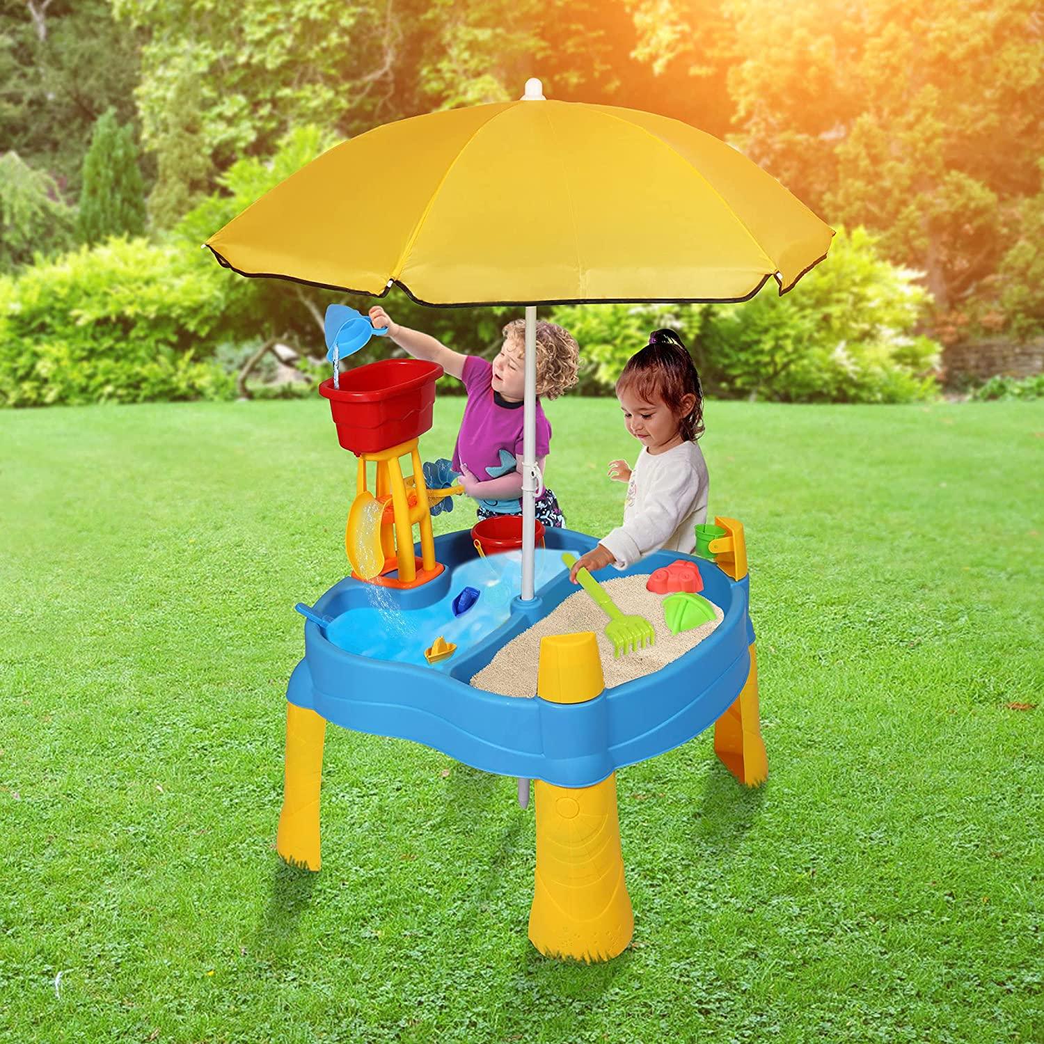 Kids Play Sand and Water Activity Table for Toddlers with Umbrella, Summer Beach Activity Toy Set for Outdoor - Bosonshop