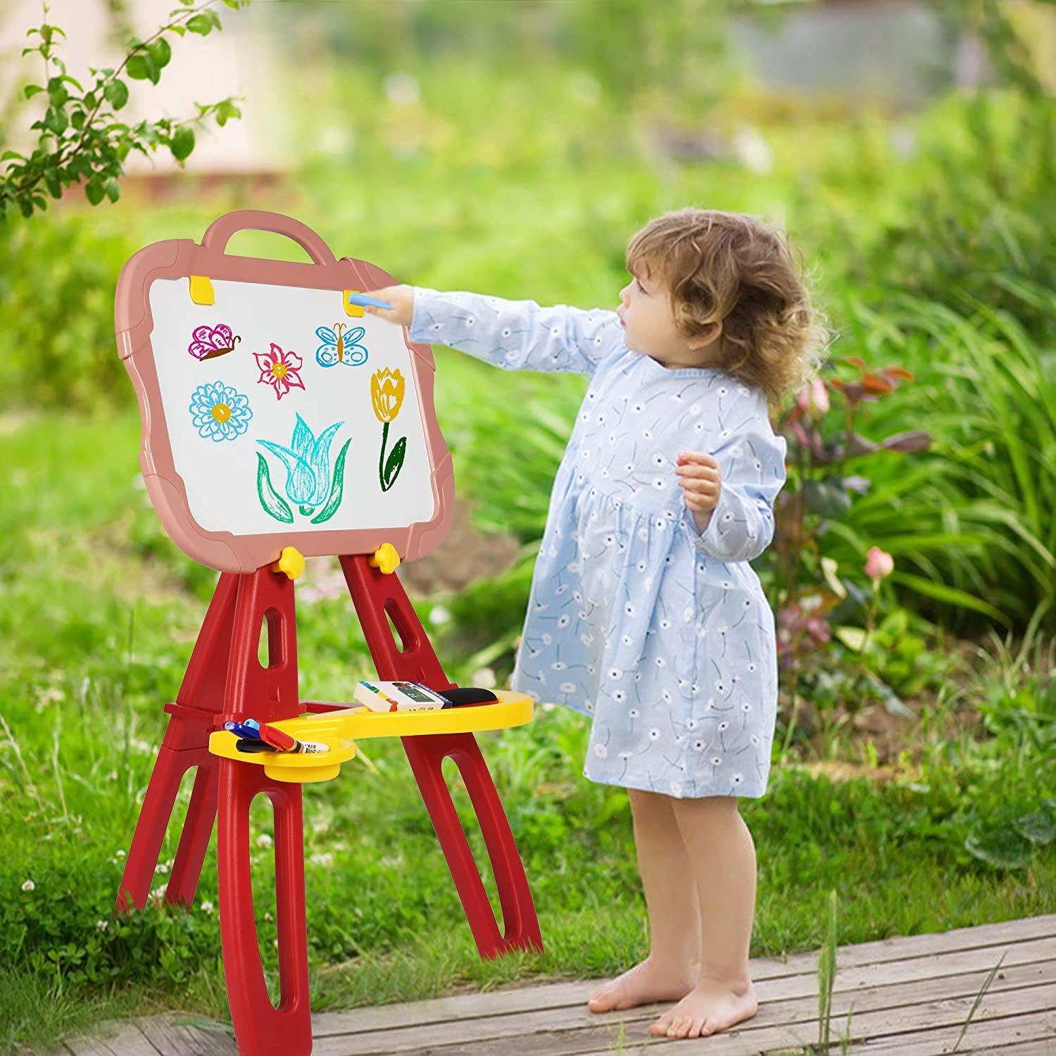 Standing Easel Board For Kids, 3 in 1 Dry Erase White Board, Magnetic Board And Chalkboard Art Activity Drawing With Extra Accessories For Kids, Red - Bosonshop