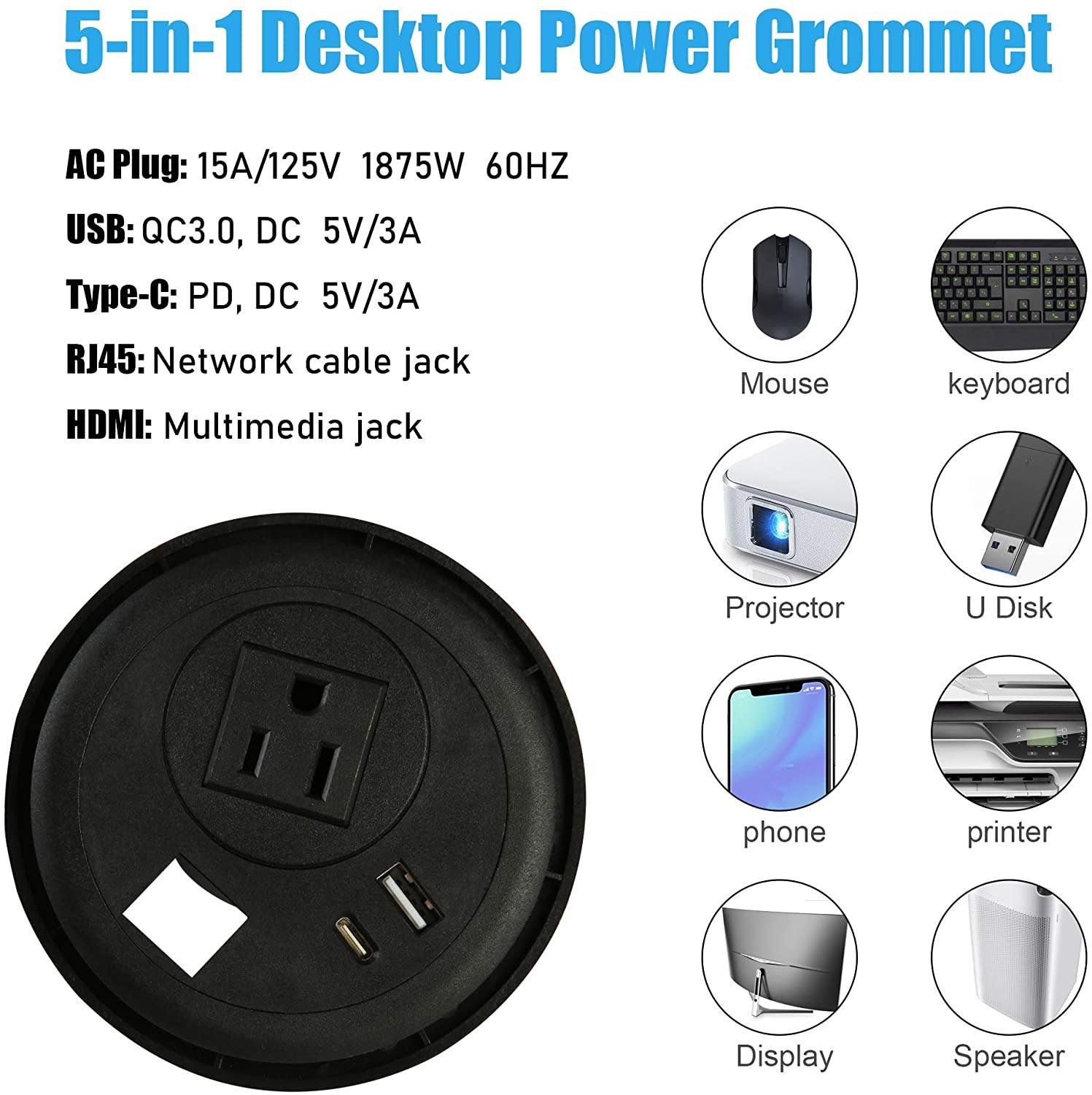 Desktop Power Grommet Outlet with USB, Recessed Power Strip with AC Outlet & USB(Type A & Type C) & Receptacle Outlet(RJ45, HDMI) - Bosonshop
