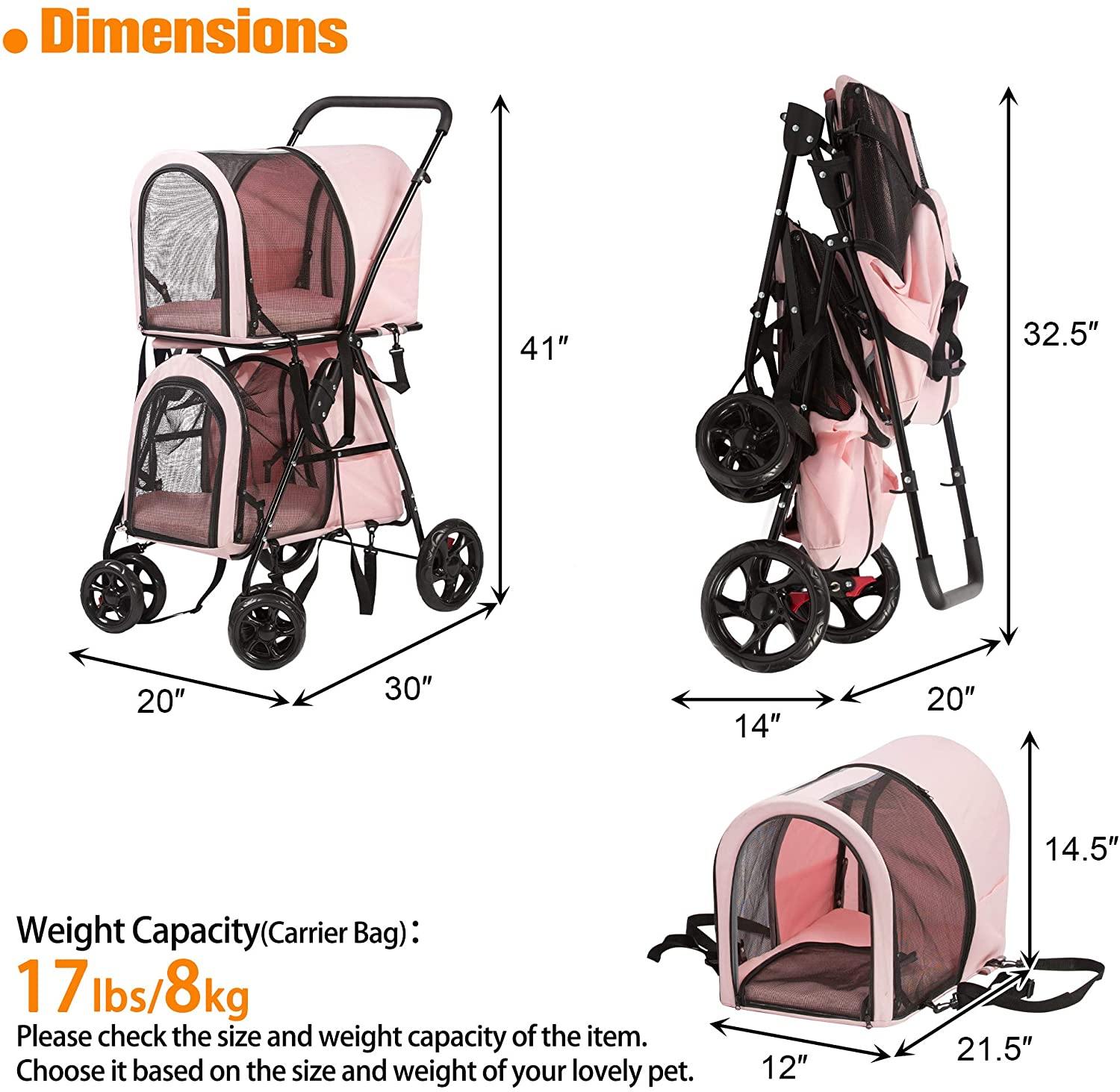 Foldable Pet Stroller, Double Decker Stroller Folding Portable Jogging Travel Carrier Cage for Small Medium Dogs and Cats (Pink) - Bosonshop