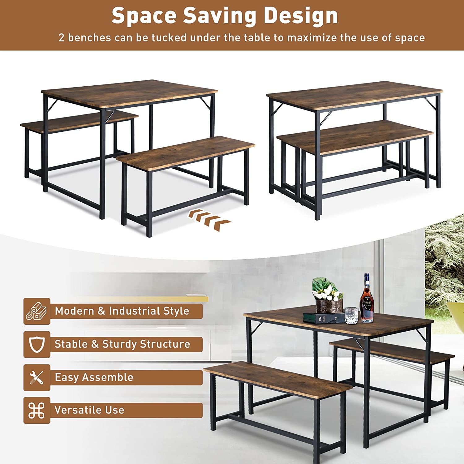 3 Piece Kitchen Table Set with 2 Benches, Wood Dining Table Set for 4 Space-Saving Dinette for Kitchen, Rustic Brown