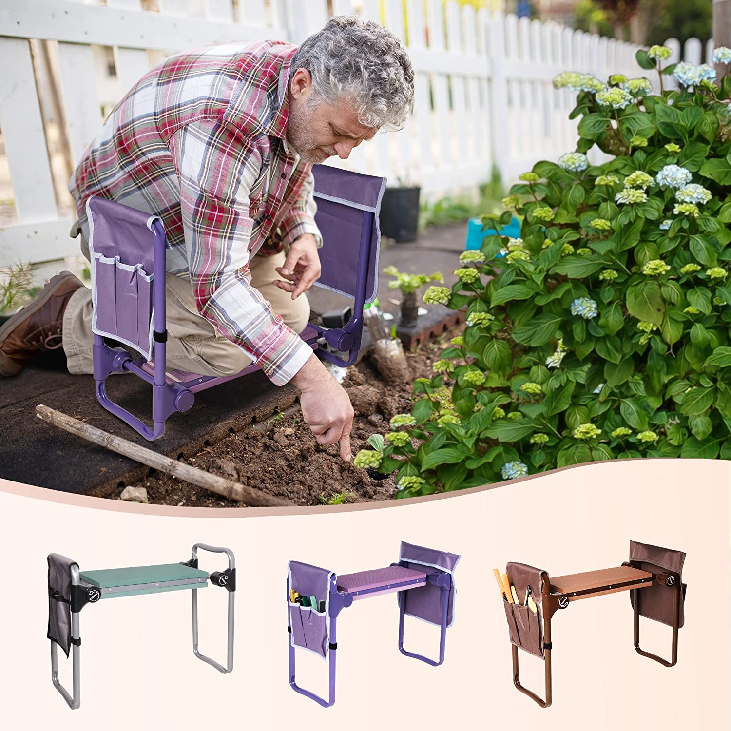 Garden Kneeler Widen Seat Bench Folding Portable Gardening Stools with EVA Foam Kneeling Pad and 2 Detachable Tool Pouch, Purple