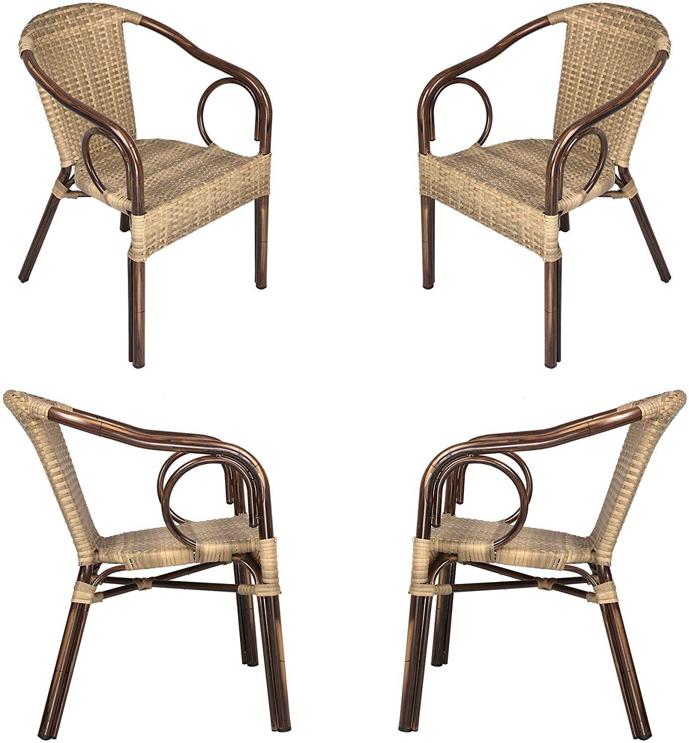 Outdoor Patio Dining Chairs, Handmade PE Rattan Wicker Armchair with Aluminum Alloy Frame, Set of 4, Brown and Beige - Bosonshop