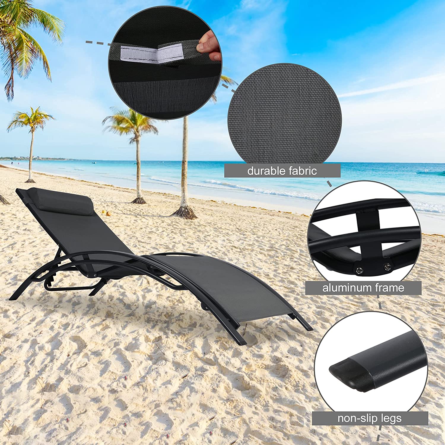 Set of 2 Chaise Lounge Chair w/Tea Table, Aluminum Patio Lounge Chair Reclining 4 Adjustable Back Position w/Removable Cushions - Bosonshop
