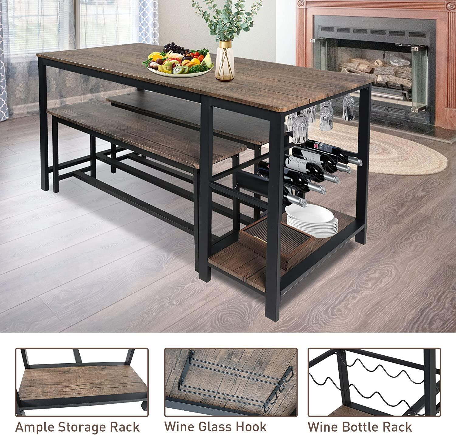 3 Piece Kitchen Table Set with Bench Dining Table Set for 4 Kitchen Dining Room Small Spaces Compact w/Storage Shelf Rack, Wine Rack - Bosonshop