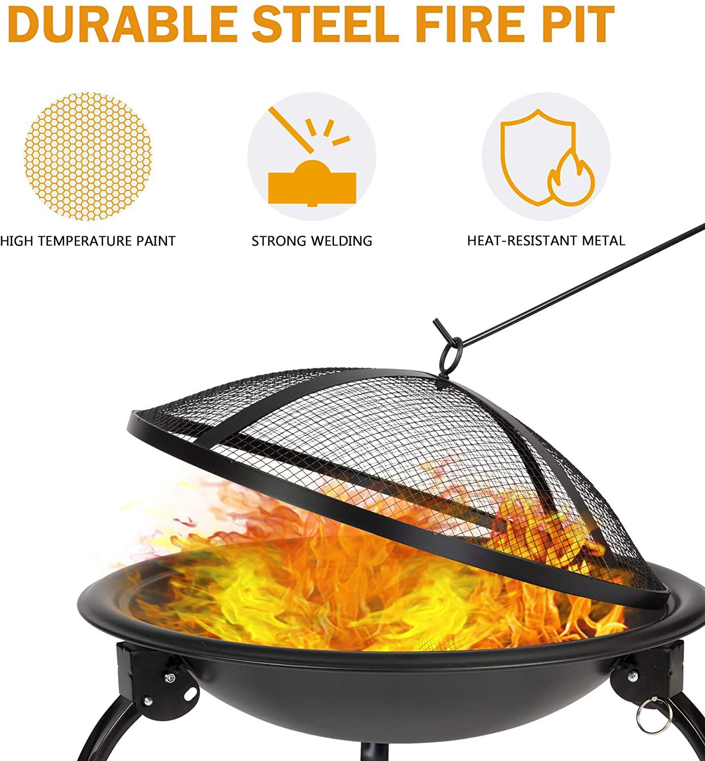 Fire Pit, 21'' Outdoor Patio Steel Fire Pit Wood Burning BBQ Grill Firepit Bowl with Round Mesh Spark Screen Cover Fire Poker - Bosonshop