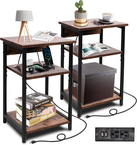 Nightstand Set of 2, 3-Tier End Side Table with Charging Station, Stable Metal Frame Capacity Up to 110 lbs for Living Room Bedroom Small Spaces
