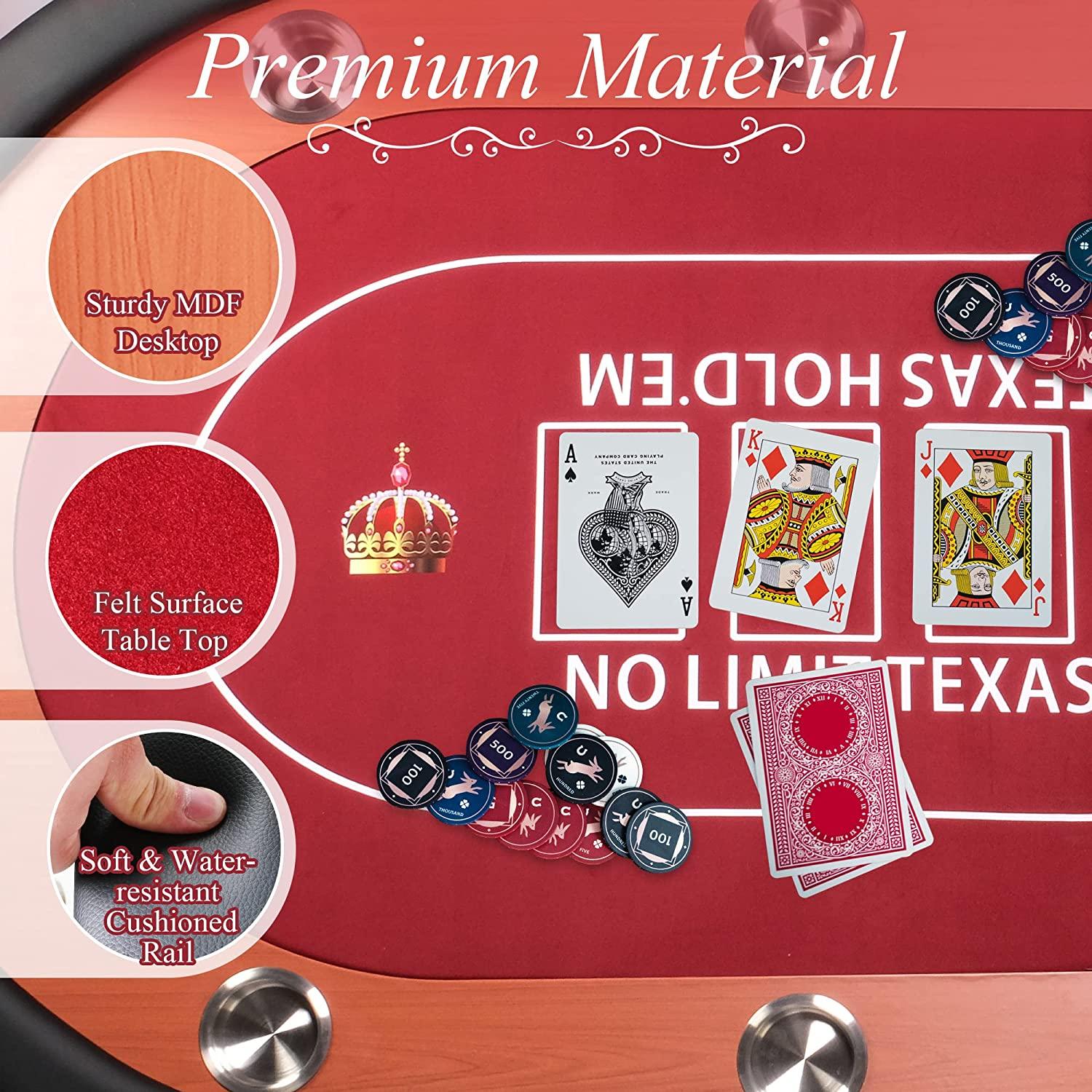 Poker Table Foldable Large 10 Players Casino Table Texas Holdem  Red Felt Surface With 10 Stainless Steel Cup Holders & Padded Poker Table