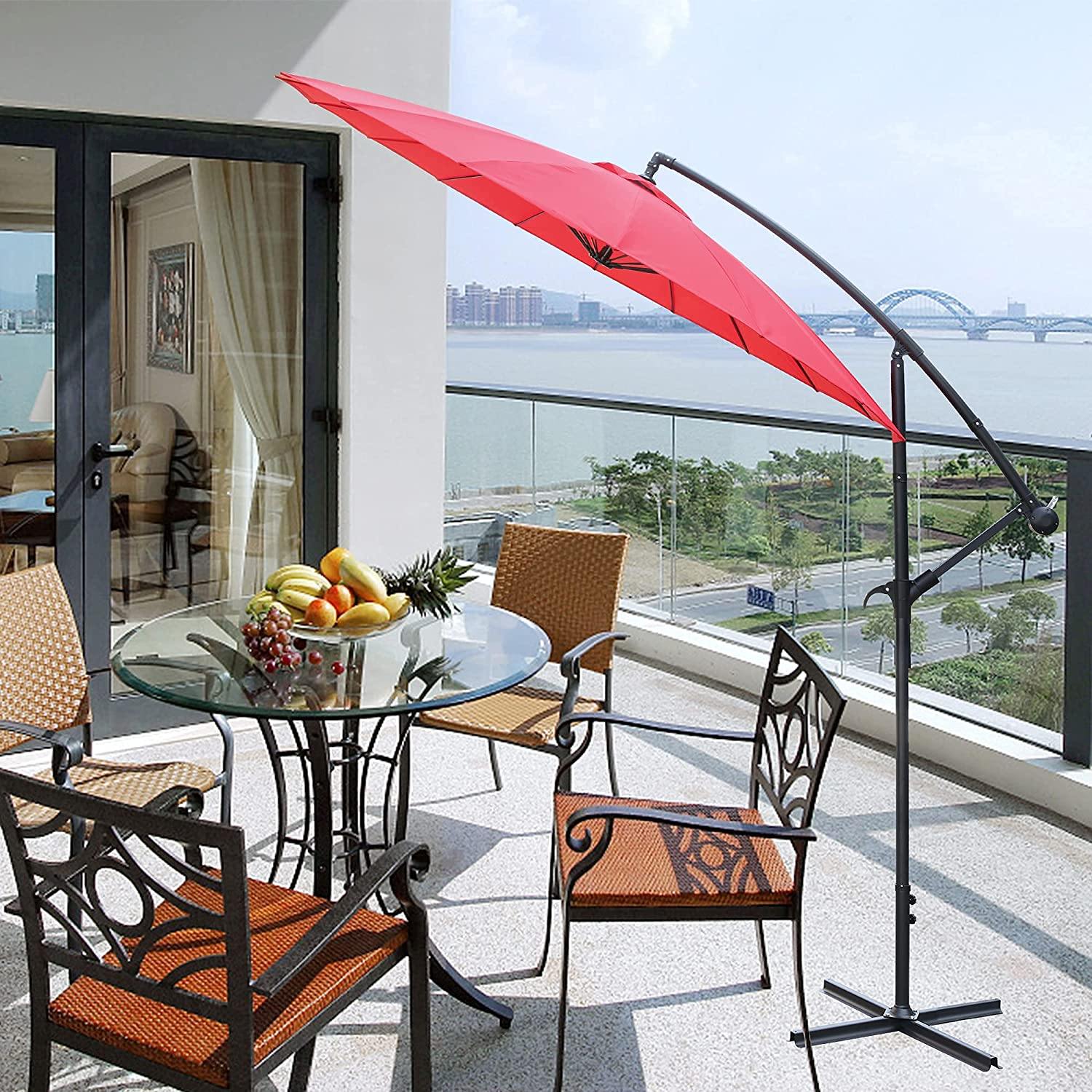 9 Ft Offset Hanging Market Patio Umbrella w/Easy Tilt Adjustment for Backyard, Poolside, Lawn and Garden, Red - Bosonshop