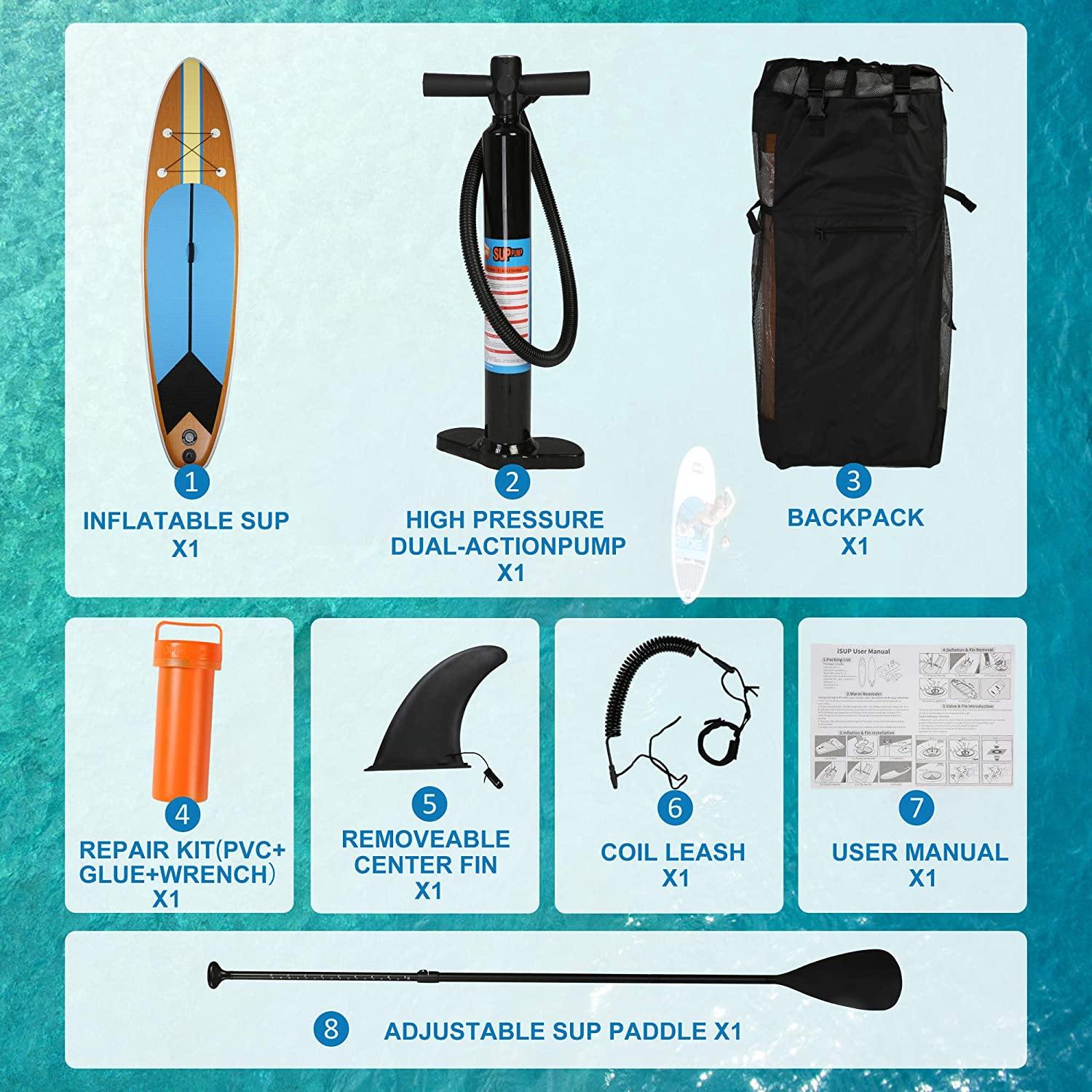 11' SUP Inflatable Stand Up Paddle Board with ISUP Accessories Backpack Paddle Pump Leash Fin and Repair Kit for Youth & Adult - Bosonshop