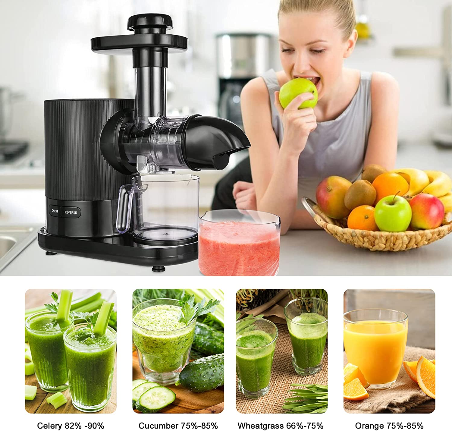 Centrifugal Juicer with 304 Stainless-Steel Filter, 2 Speeds, BPA-Free, High Juice Yield, Dishwasher Safe, 150W Low-Speed Celery Juicer