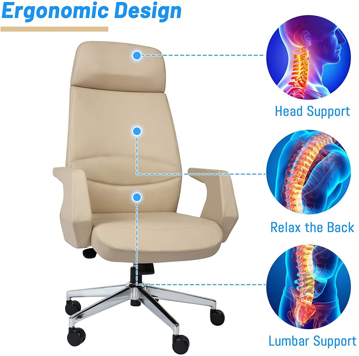 Executive Office Chair Ergonomic Leather High Back Heavy Duty Chair Padded Armrests Lumbar Support Lock Position - Bosonshop