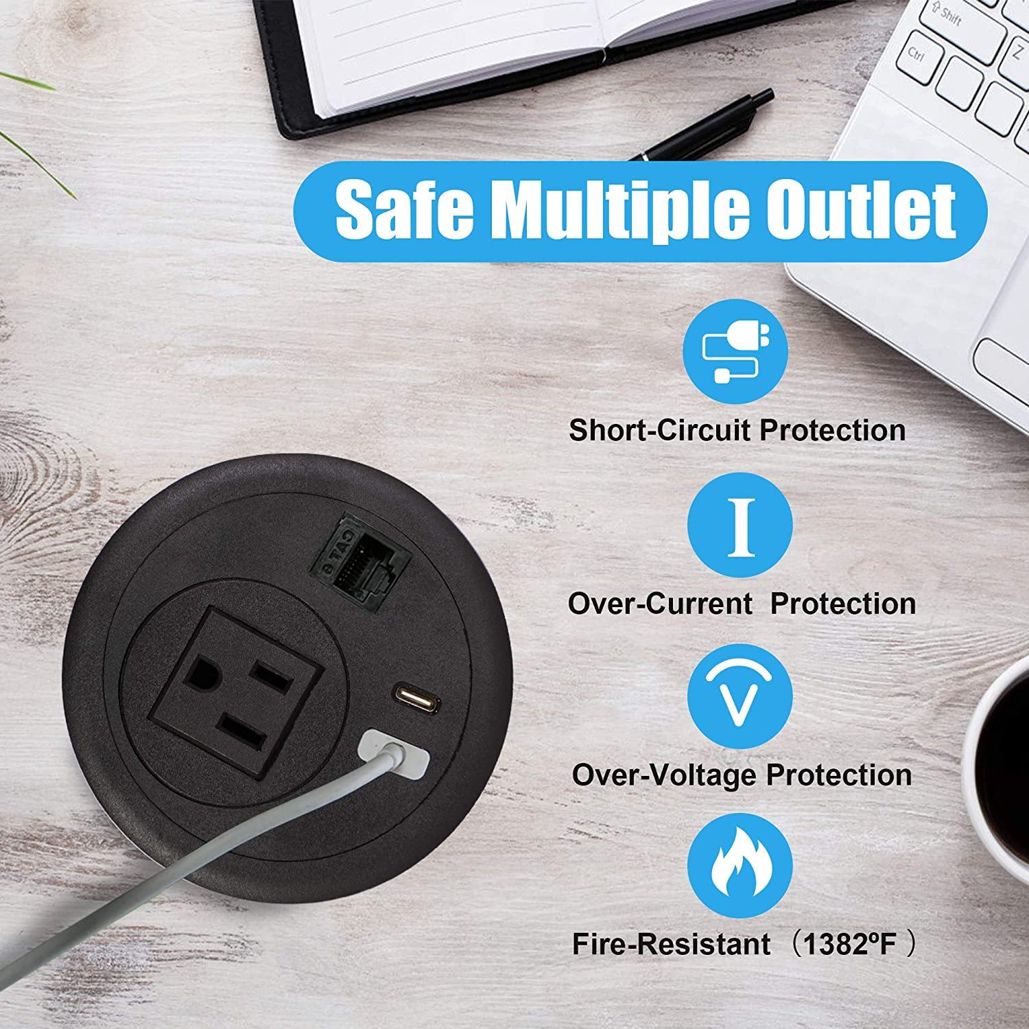 Desktop Power Grommet Outlet with USB, Recessed Power Strip with AC Outlet & USB(Type A & Type C) & Receptacle Outlet(RJ45, HDMI) - Bosonshop