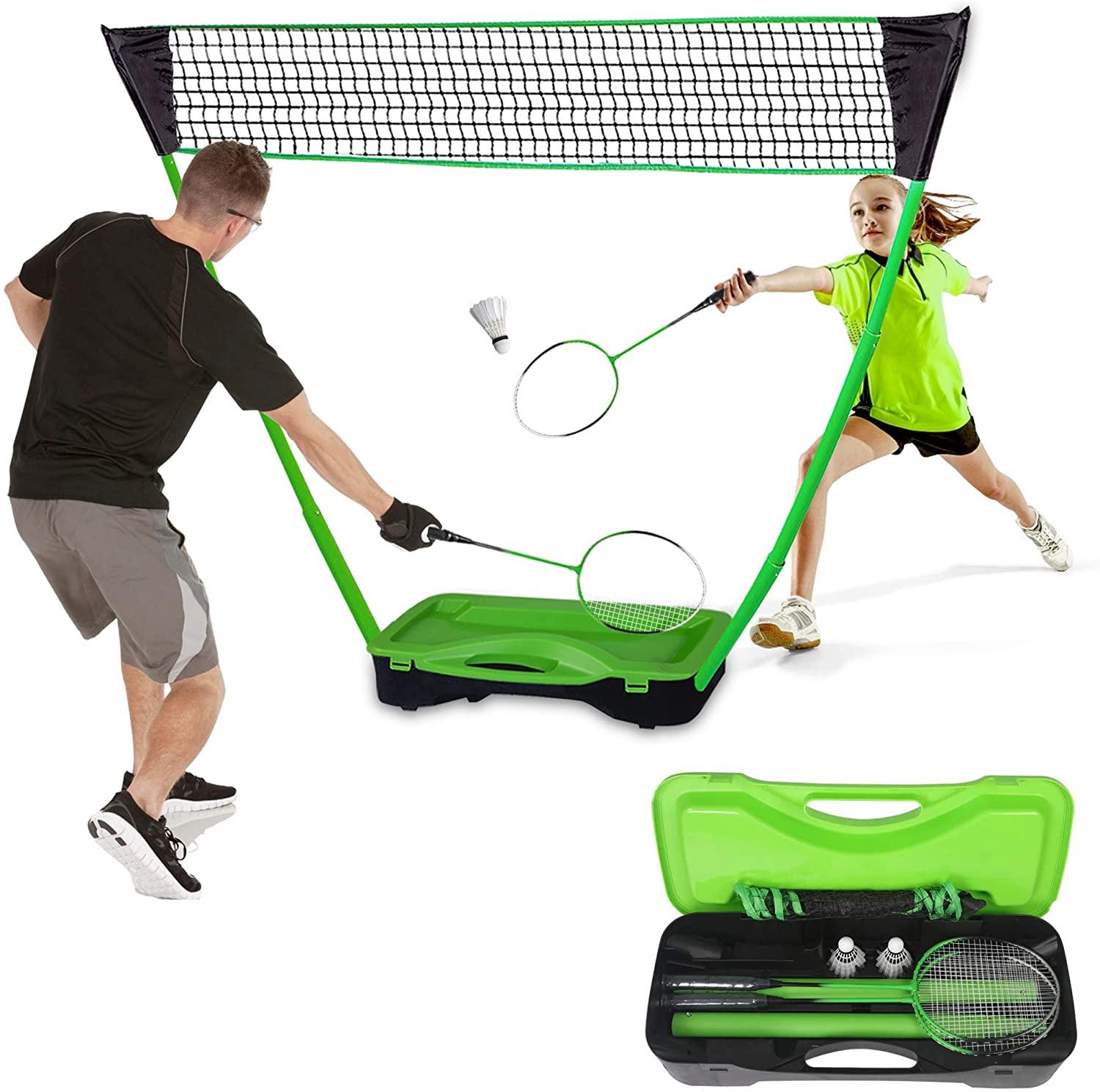 Portable Badminton Net Set Storage Box Base with 2 Battledores 2 Shuttlecocks Large, Green - Bosonshop