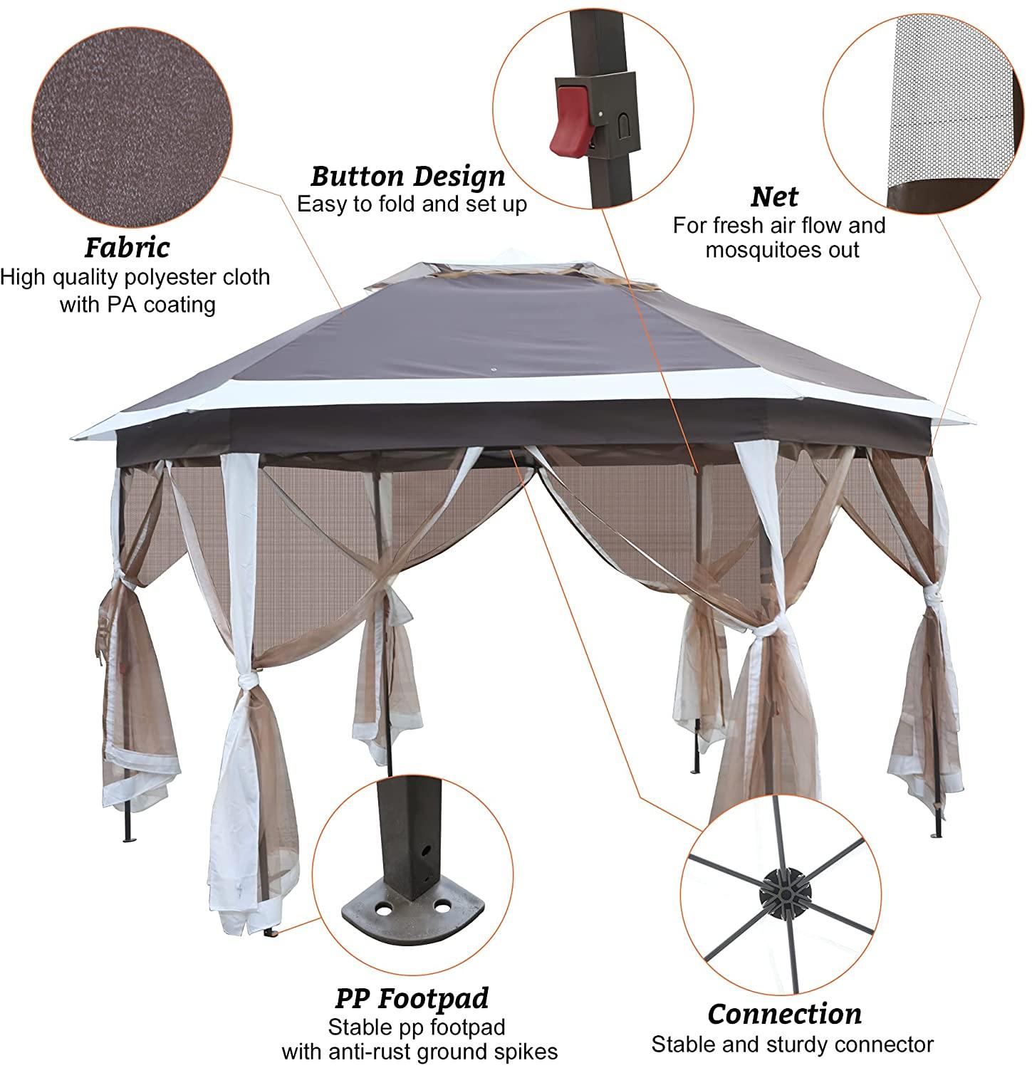 12Ft Outdoor Metal Patio Pop-Up Gazebo with Mesh Nettings for Parties and Outdoor Activities - Bosonshop