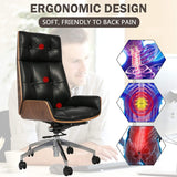High Back Executive Adjustable Office Chair Upholstered Swivel Chair Task Home Office Chair with Headrest & Wood Walnut Backrest, Black - Bosonshop