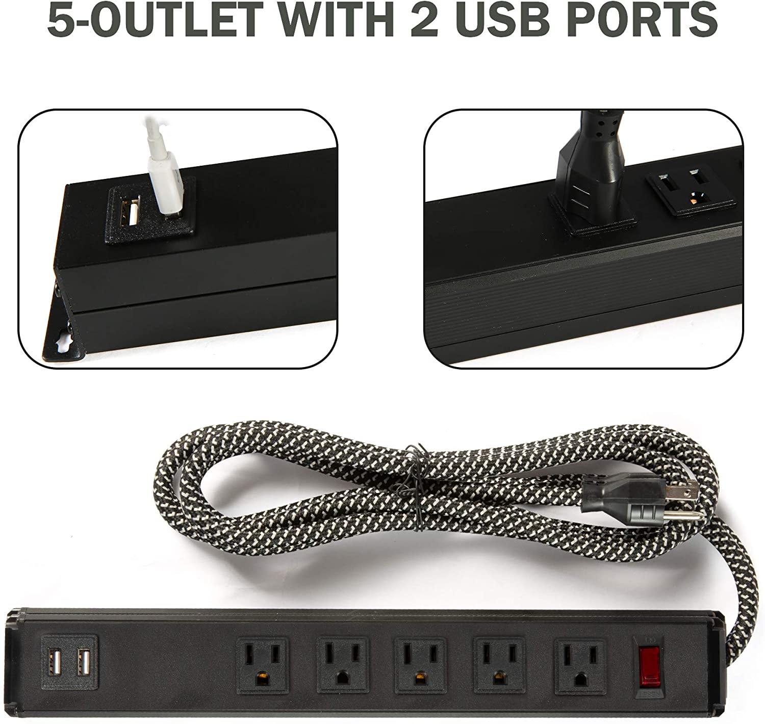 Power Strip 2PCS Surge Protector 5-Outlet with 2 USB Ports(5V/2.4A), 6ft Heavy-Duty Braided Extension Cords - Bosonshop
