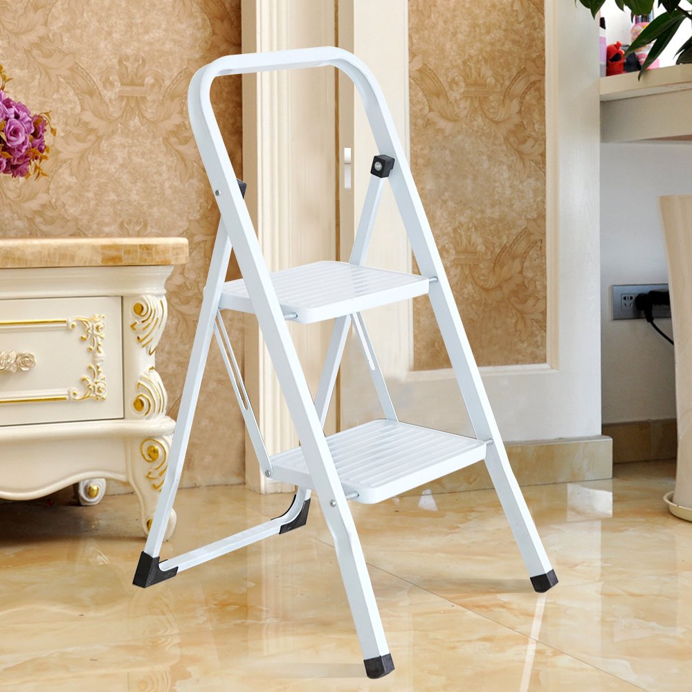 Bosonshop Steel Folding Portable 2 Steps Ladder Step Stool with 330lbs Capacity White
