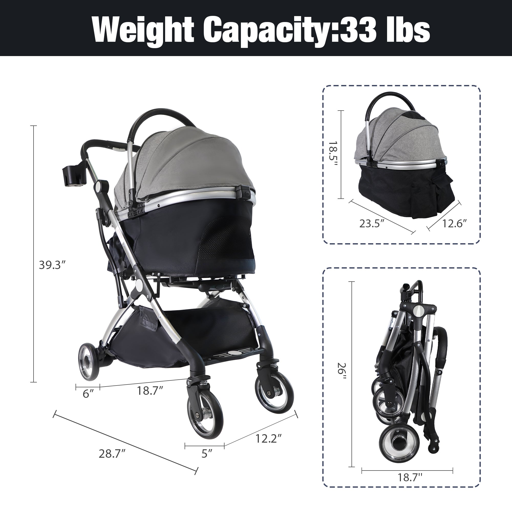 Foldable Pet Stroller 3 in 1 Design Detachable Carrier Telescopic Handle Aluminum Alloy Frame Up to 33 lbs Capacity Gray