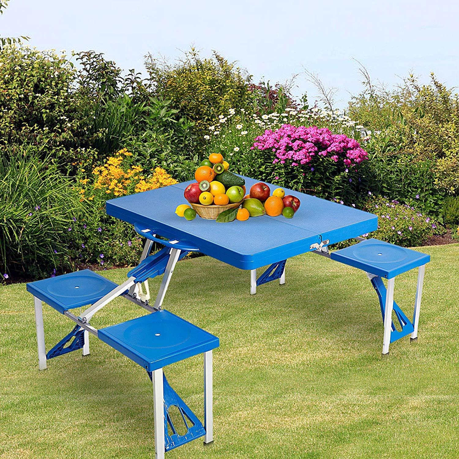 Bosonshop Lightweight Plastic Outdoor Camping Suitcase Table with Chairs,Blue
