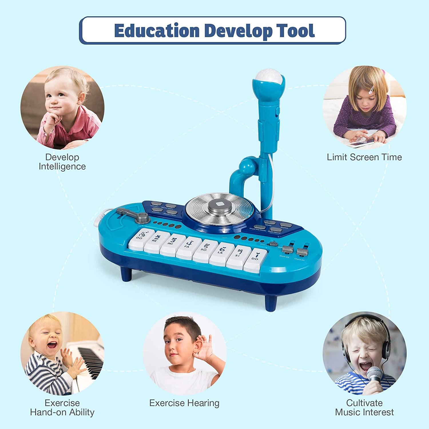 8 Keys Piano Toy Keyboard for Baby & Toddlers with DJ & Microphone, Educational Musical Instruments, Blue - Bosonshop
