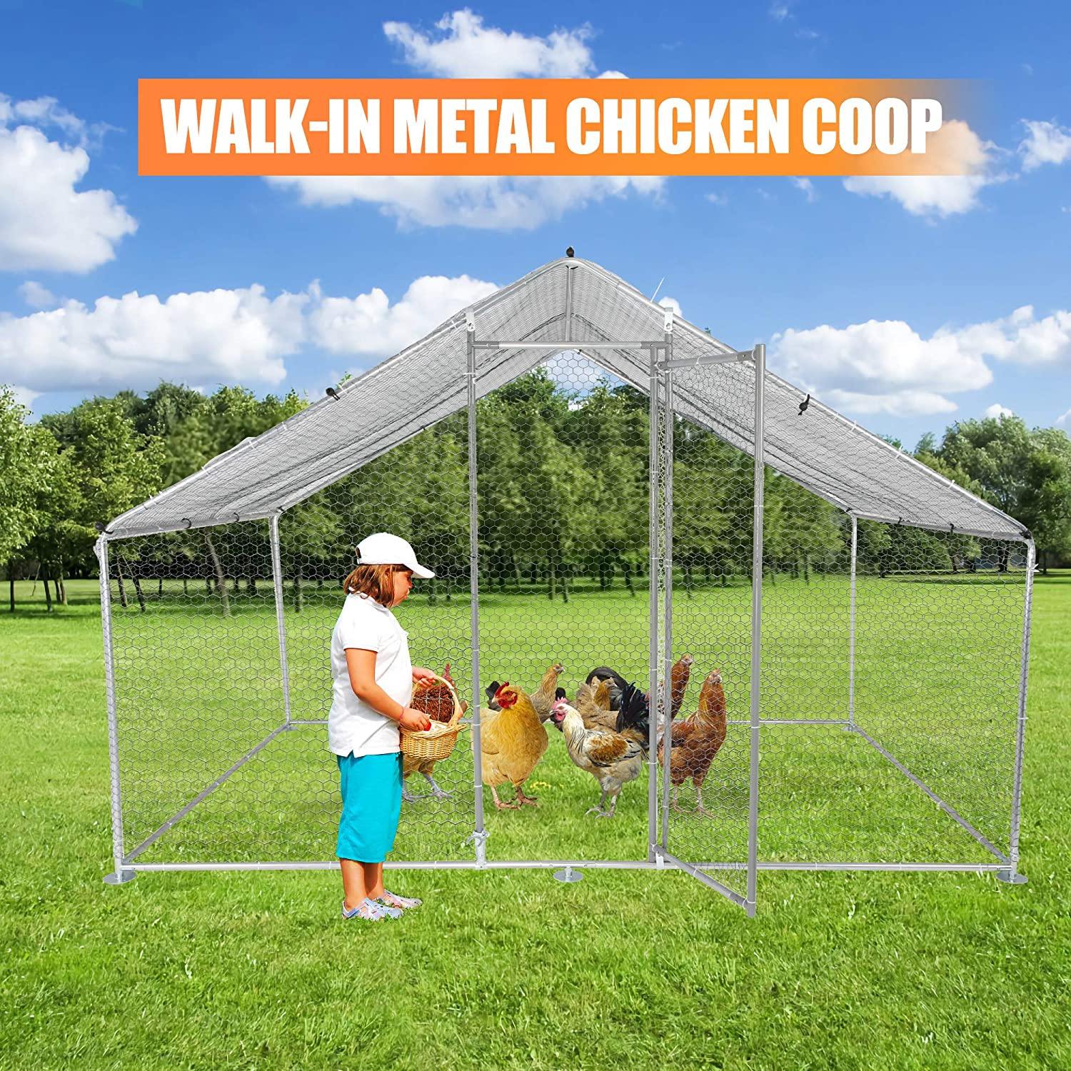 Outdoor Metal Chicken Coop Large Walk-in Poultry Cage Backyard Hen House with Chicken Run Cover for Farm Home Use 10x6.5x6.5ft - Bosonshop