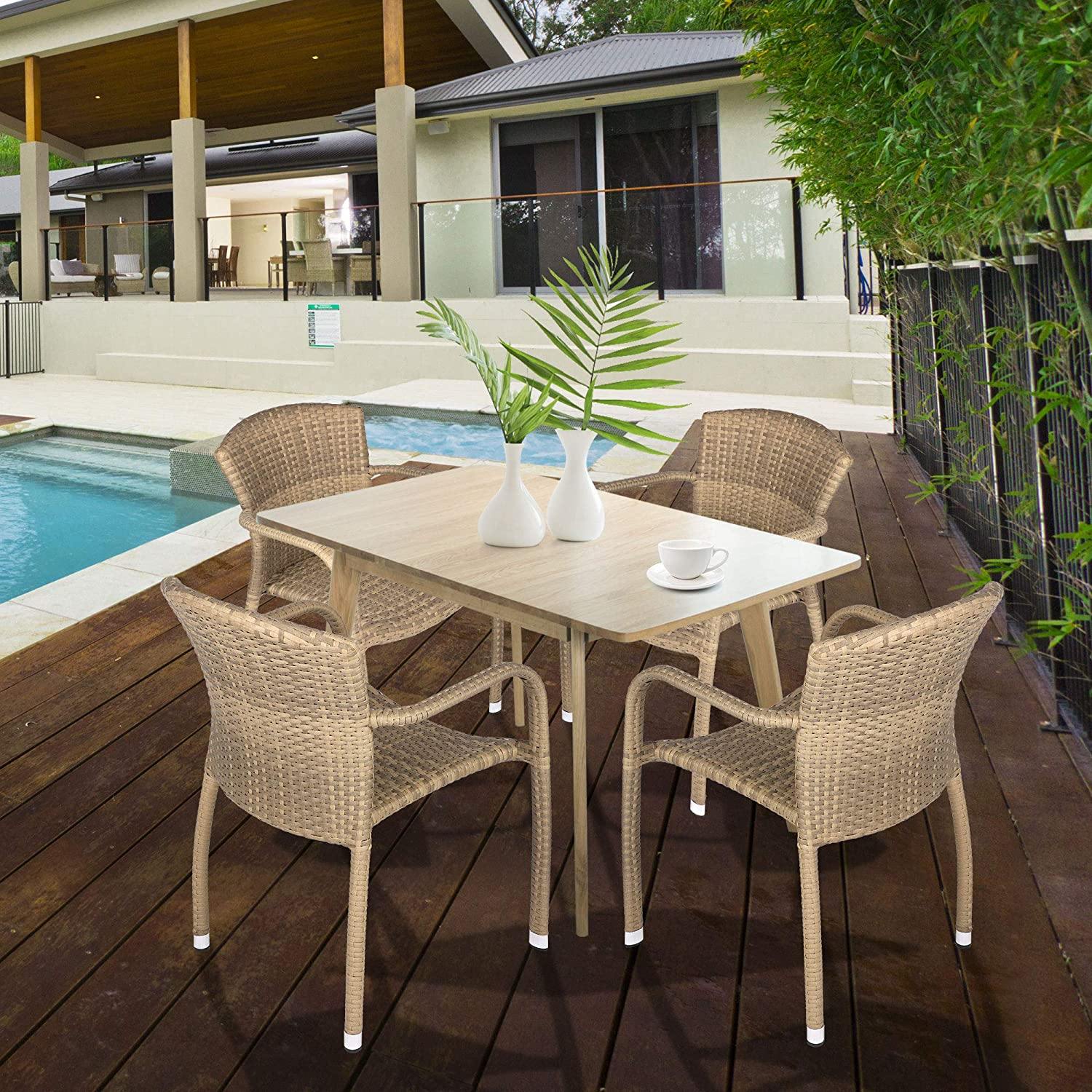 4PCS Outdoor Patio Furniture Leisure Chair Set Vintage Rattan Wicker Armchairs Rattan Dining Chair Set for Indoor & Outdoor, Mocca - Bosonshop